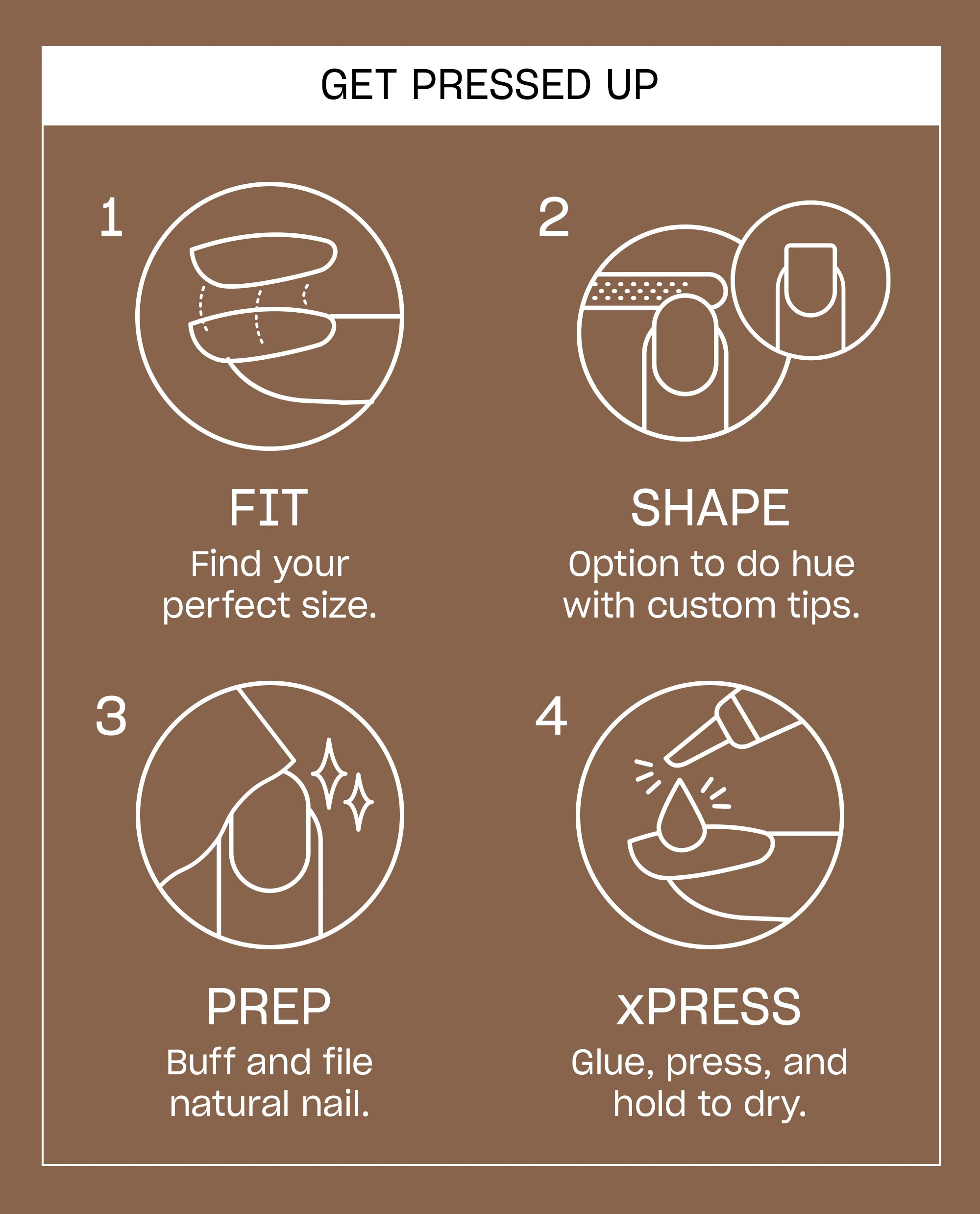 Olive My Nails OPI xPRESS/ON instruction card shows four steps - fit, shape, prep, and glue press-on nails - on a brown fall nail colors background with white line icons.