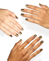 Hands model OPI Olive My Nails xPRESS/ON press-on nails in a glossy metallic olive-gold shade, showcasing chic fall nail colors on a clean white background.