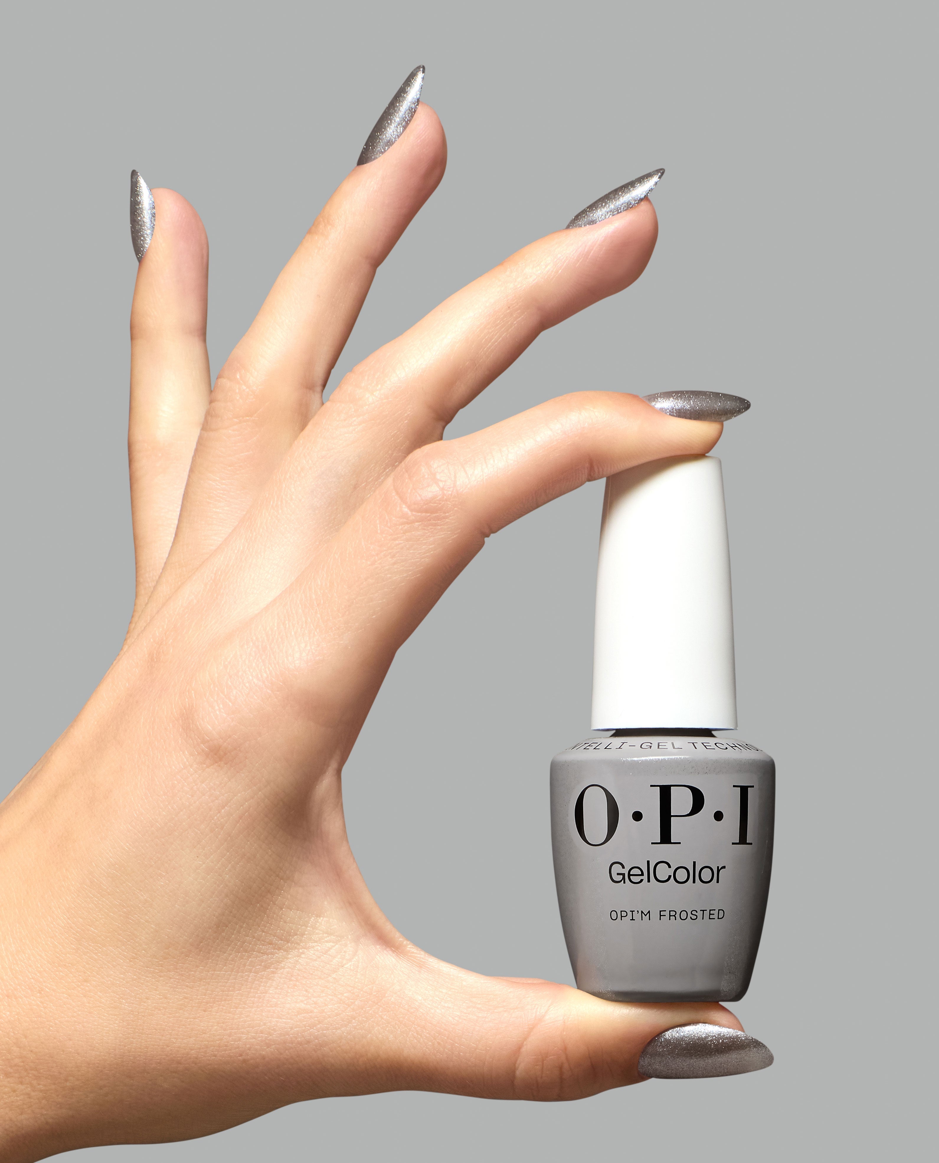 OPI’m Frosted Metallic Gel Nail Polish Hand and Bottle