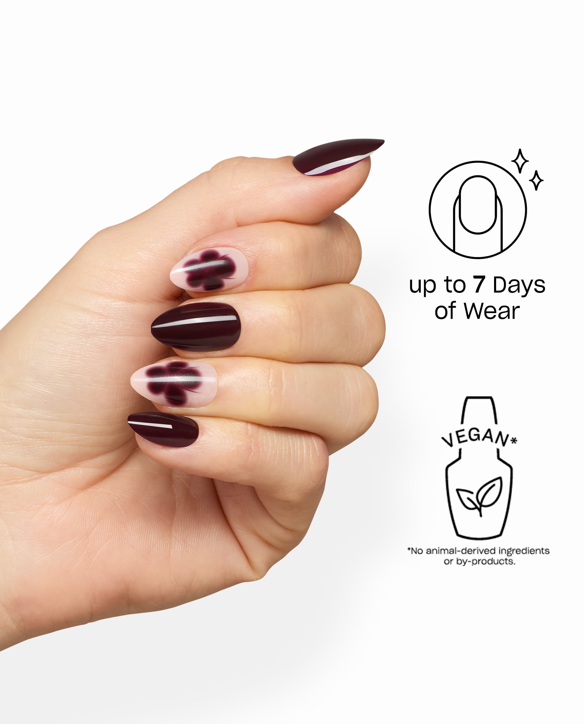 Over the Bloom Sticking Point press-on nails show glossy burgundy OPI fall nail colors with pink floral accents on a hand, beside vegan and up to 7 days of wear icons.