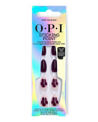 OPI Over the Bloom Sticking Point no-glue press-on nails display glossy deep burgundy and sheer floral designs in an iridescent box, a quick manicure option for fall nail colors.