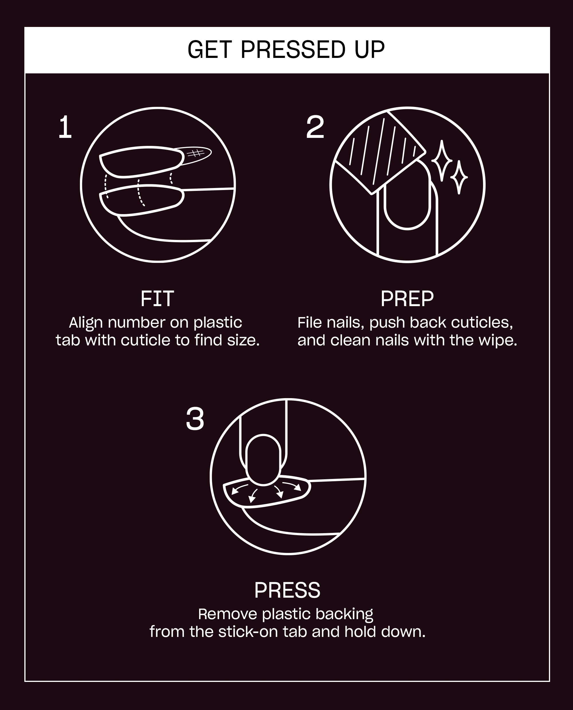 Over the Bloom Sticking Point press-on nail instructions show fit, prep, and press steps for applying OPI fall nail colors with stick-on tabs on a dark plum background.
