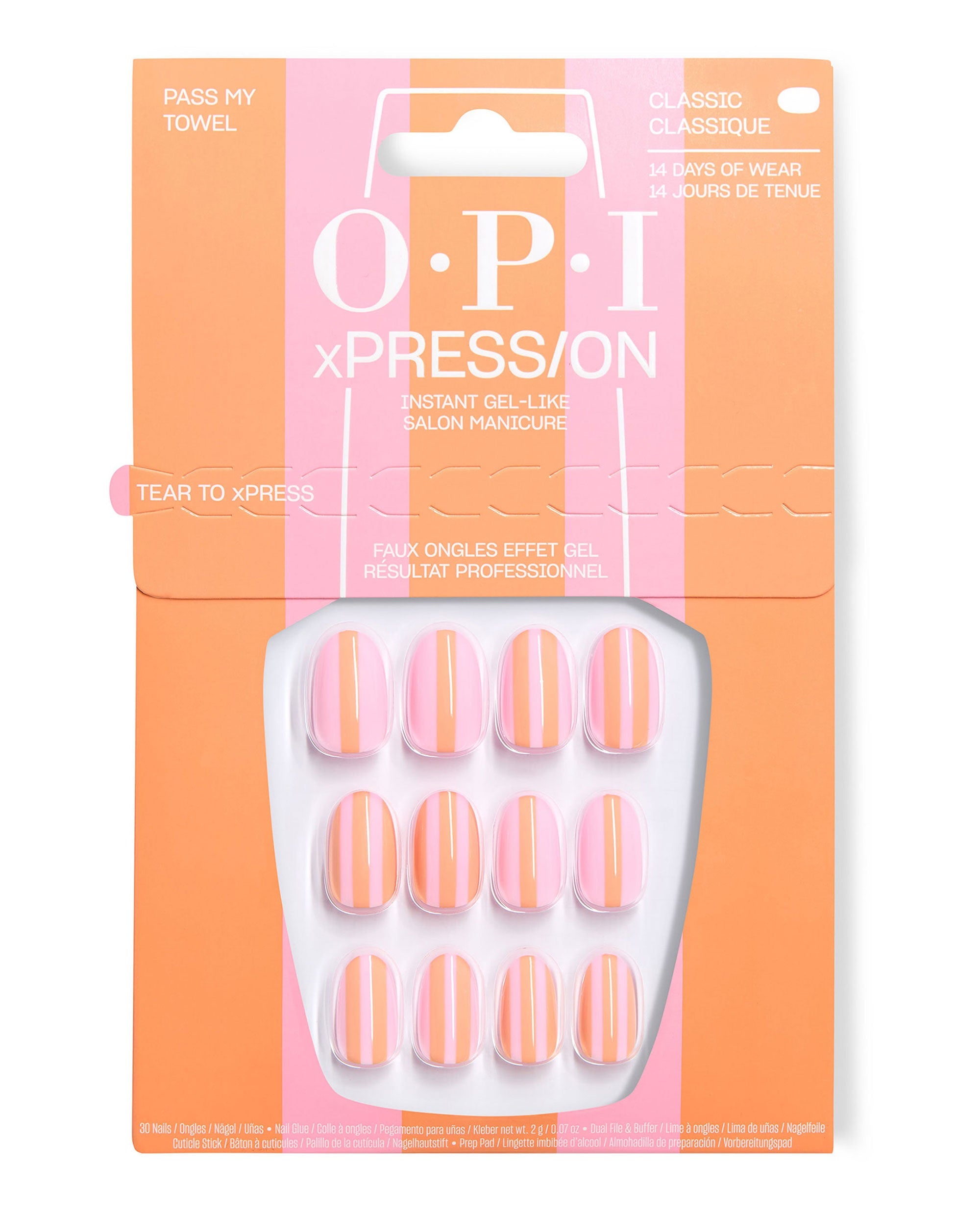 OPI xPRESS/ON Pass my Towel press-on nails display glossy pink and orange striped gel-like tips in matching striped packaging, a trending classic manicure set with up to 14 days of wear.