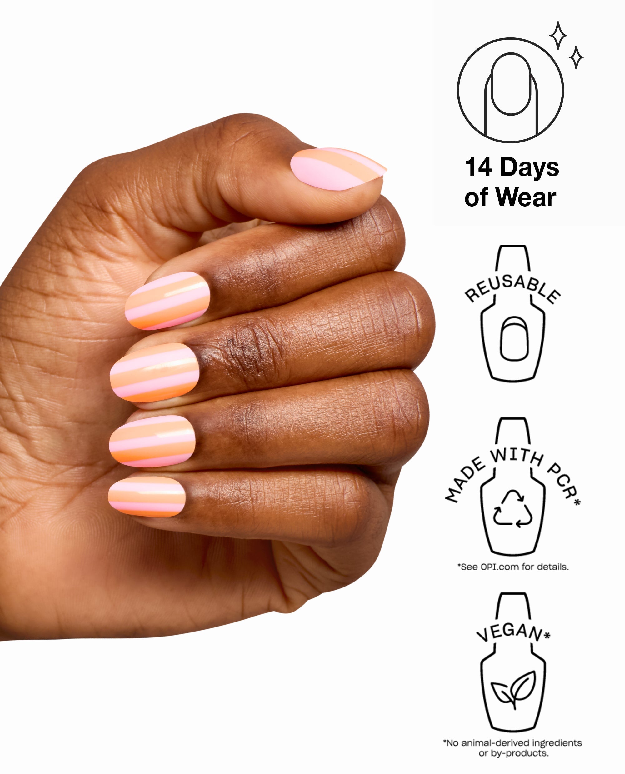 Hand wearing OPI xPRESS/ON Pass my Towel press-on nails with glossy pink, peach, and orange stripes, shown with trending benefits: 14 days of wear, reusable, made with PCR, and vegan.