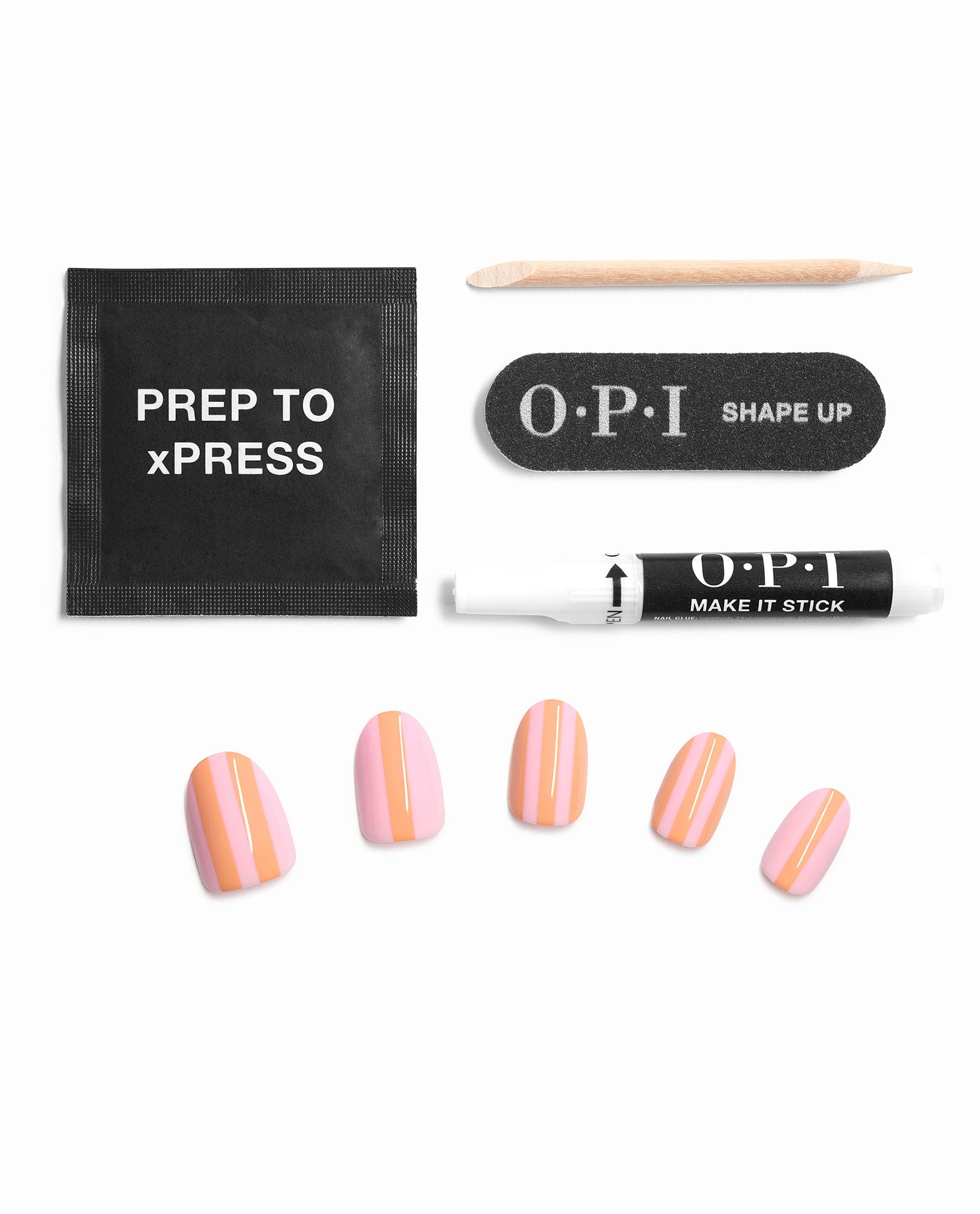 OPI Pass my Towel xPRESS/ON press-on nail kit with trending pink and orange striped nails, prep pad, wooden cuticle stick, nail file, and Make It Stick glue on a white background.