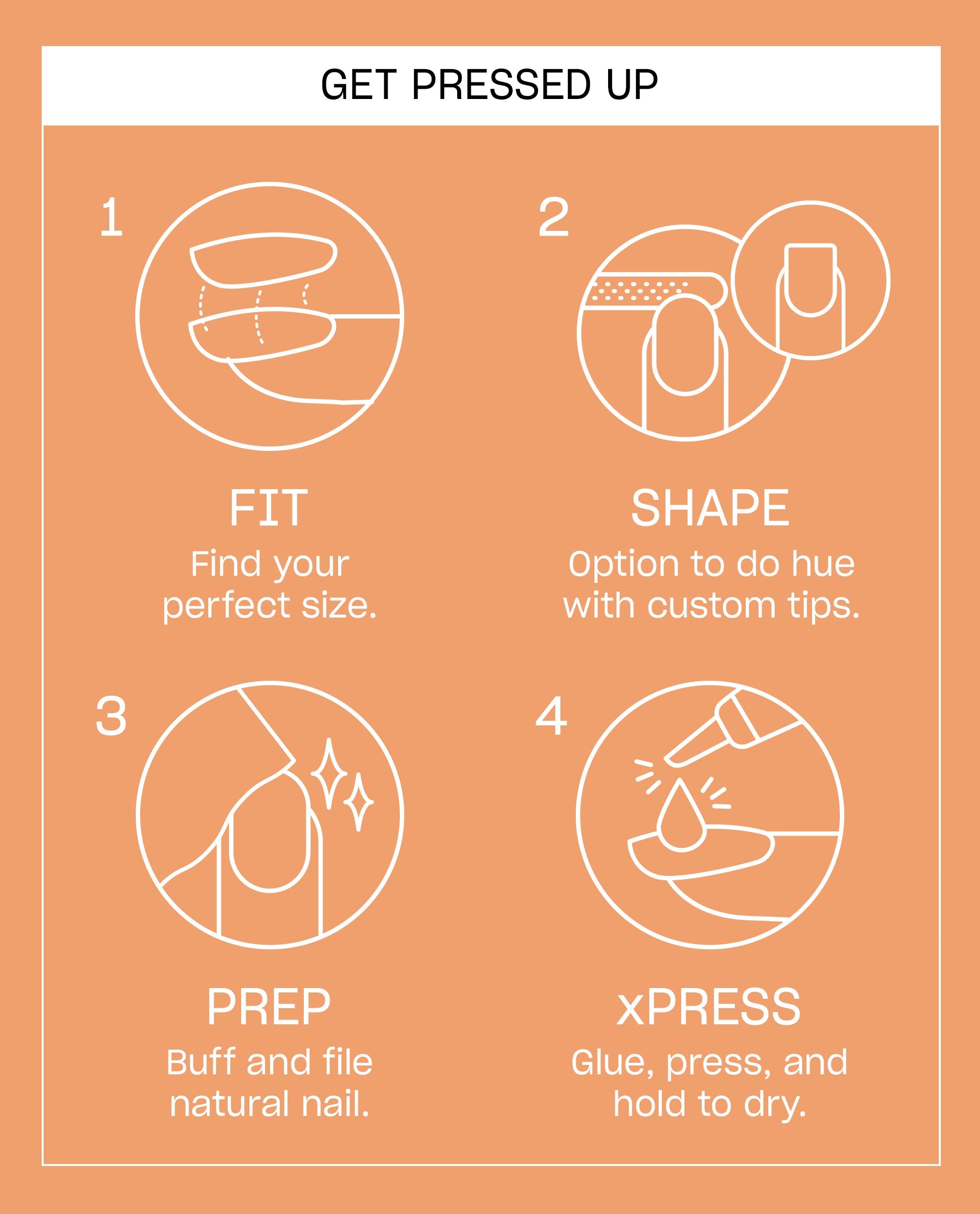 Pass my Towel OPI xPRESS/ON press-on nail instructions show fit, shape, prep, and glue-press-hold steps with white line icons on a peach background.