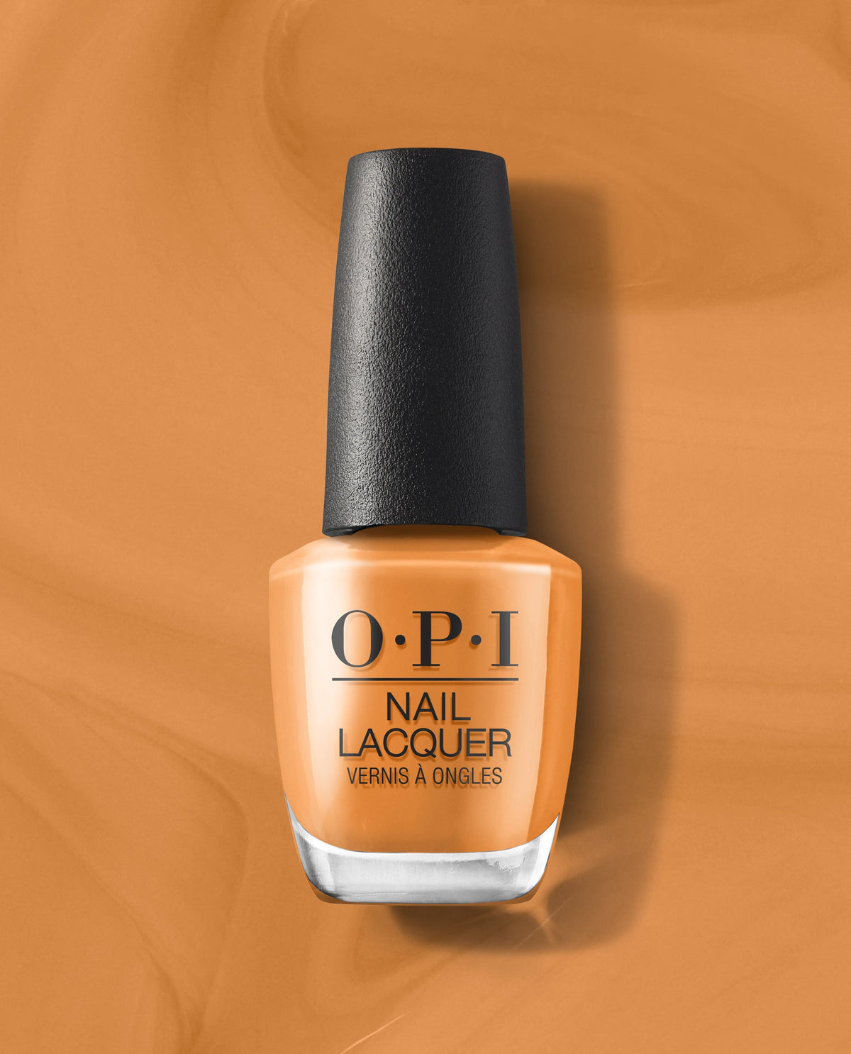 OPI nail polish Penny Loafer Lane nail lacquer bottle standing upright, showcasing a warm caramel-orange shade with a black cap, centered against a matching glossy swirled background for a modern product beauty shot.