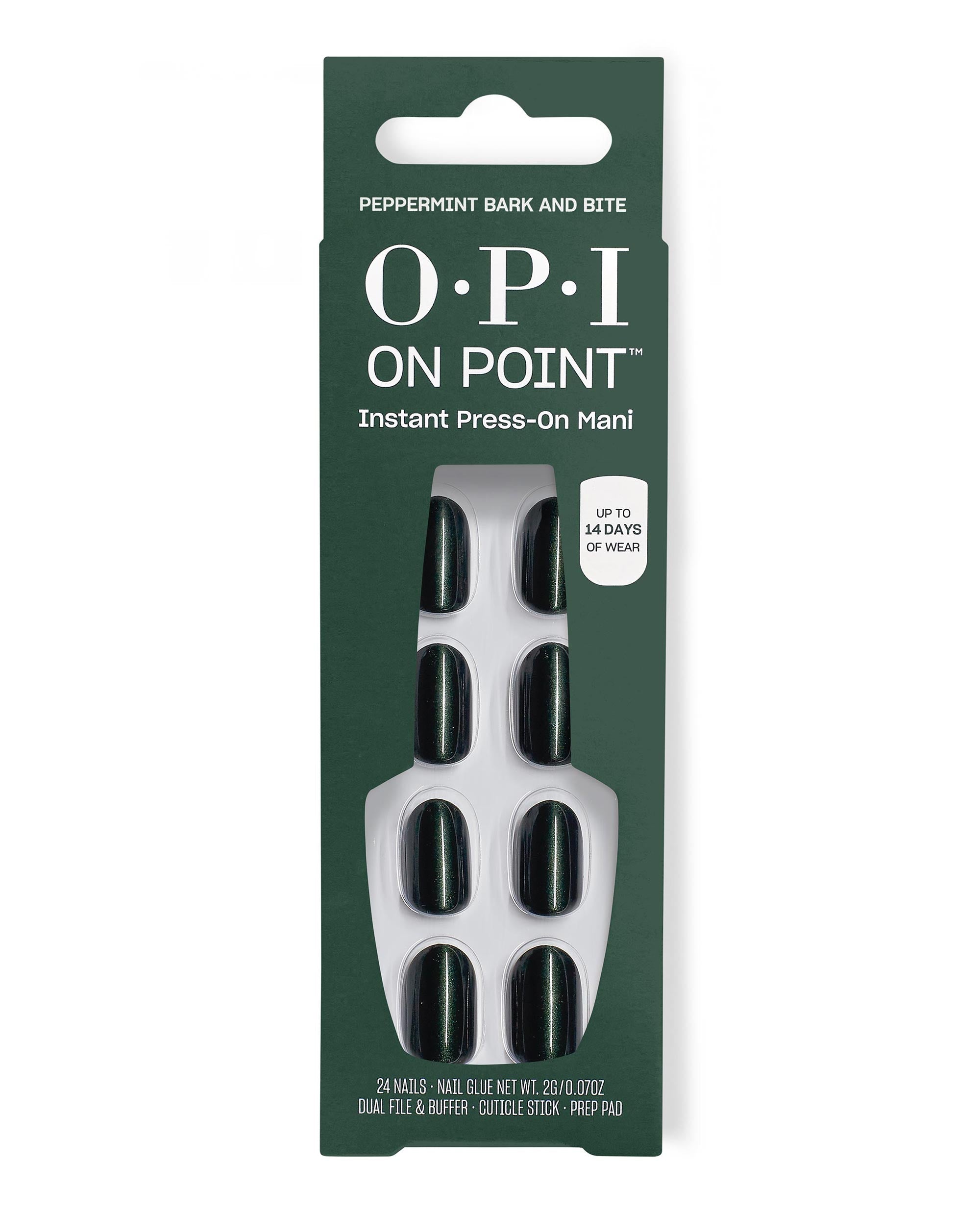 OPI On Point Peppermint Bark and Bite press-on nails, shown in a pine-green box with window displaying glossy deep green shimmer tips; includes 24 nails, glue and tools, up to 14 days wear—green nail polish for spring nail colors from OPI.