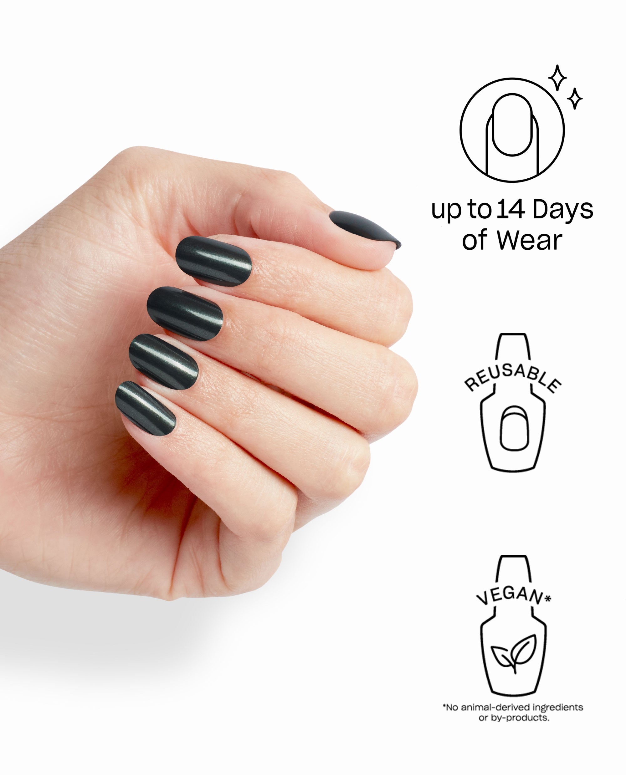 Hand shows glossy oval nails wearing Peppermint Bark and Bite On Point, a deep forest green nail polish with soft shimmer, on white background beside icons for up to 14 days of wear, reusable, vegan—fresh spring nail colors for OPI fans.