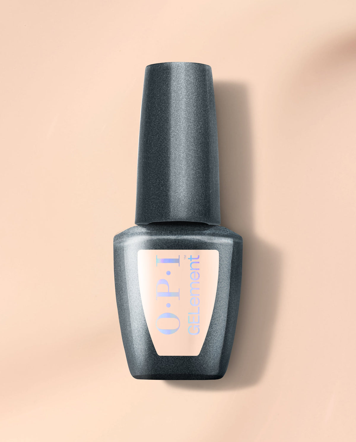 OPI Pilates Princess at-home gel nail polish bottle standing upright on a soft nude background, showcasing the sleek dark gray cap and shimmery label, ideal as a chic OPI nail polish gift set for glossy, salon-quality manicures at home.