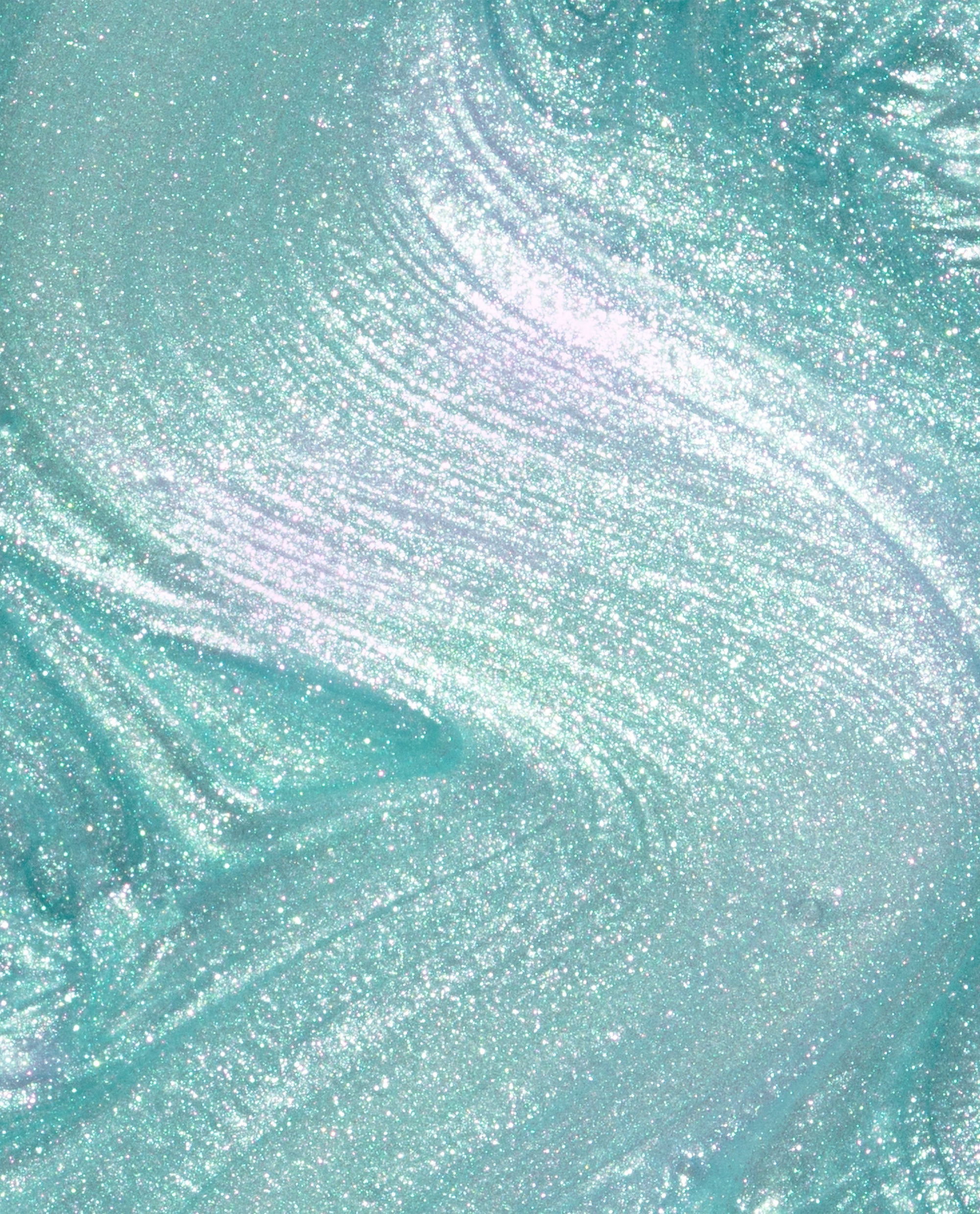 Shimmery mint-green Pisces the Future OPI nail polish lacquer swirling in close-up, showing fine iridescent glitter and pearlescent sheen for a sparkling, ocean-inspired manicure finish.