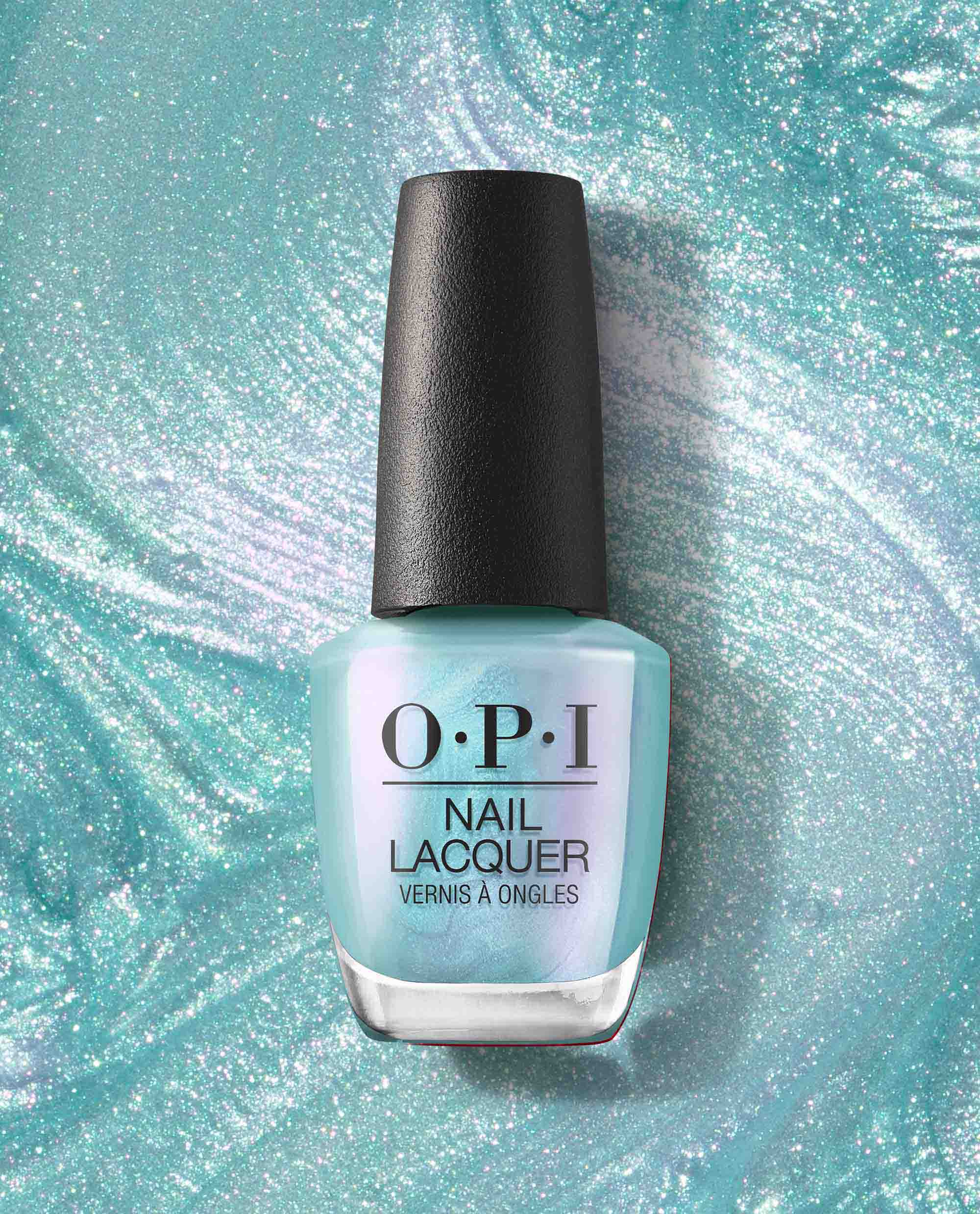 OPI nail polish bottle of Pisces the Future nail lacquer standing upright, showing its iridescent seafoam teal shimmer against a swirling, glittery turquoise backdrop for a dreamy, ocean-inspired manicure look.
