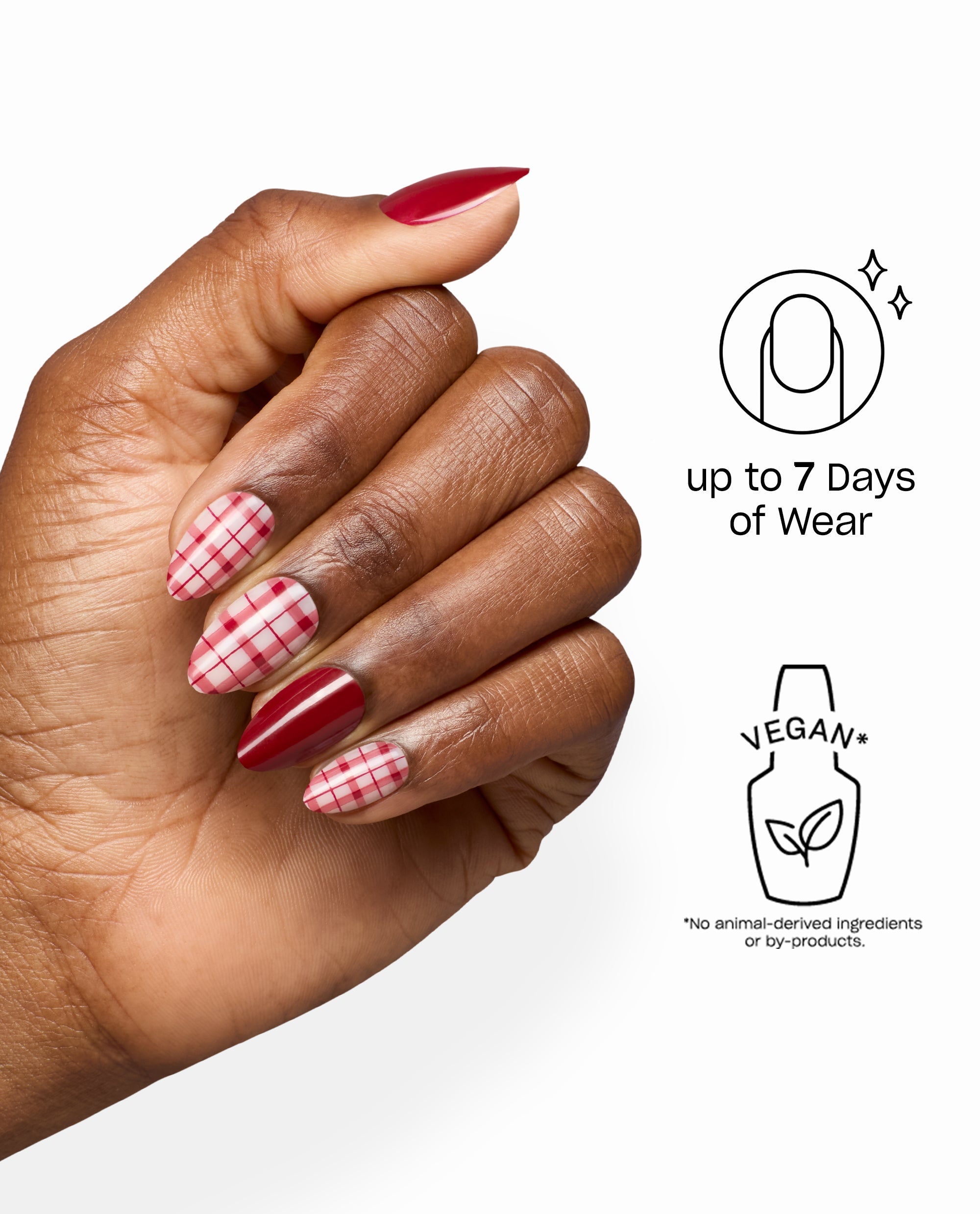 Hand wearing OPI Plaid Behavior Sticking Point artificial nails in glossy red and pink plaid fall nail colors, shown with up to 7 days of wear and vegan benefit icons.