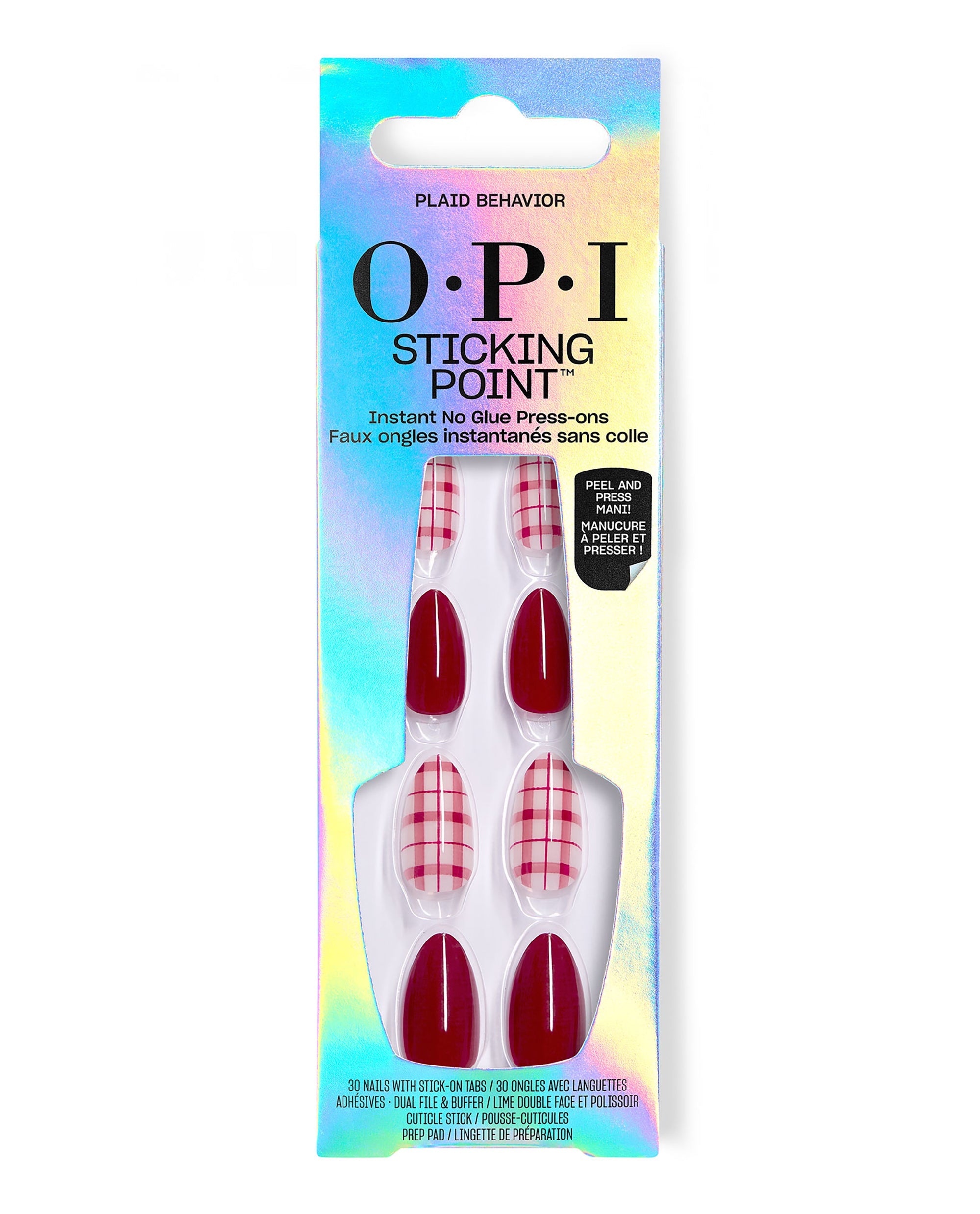 OPI Plaid Behavior Sticking Point press-on nails in holographic packaging, featuring glossy deep red and pink plaid designs for easy no-glue fall nail colors.