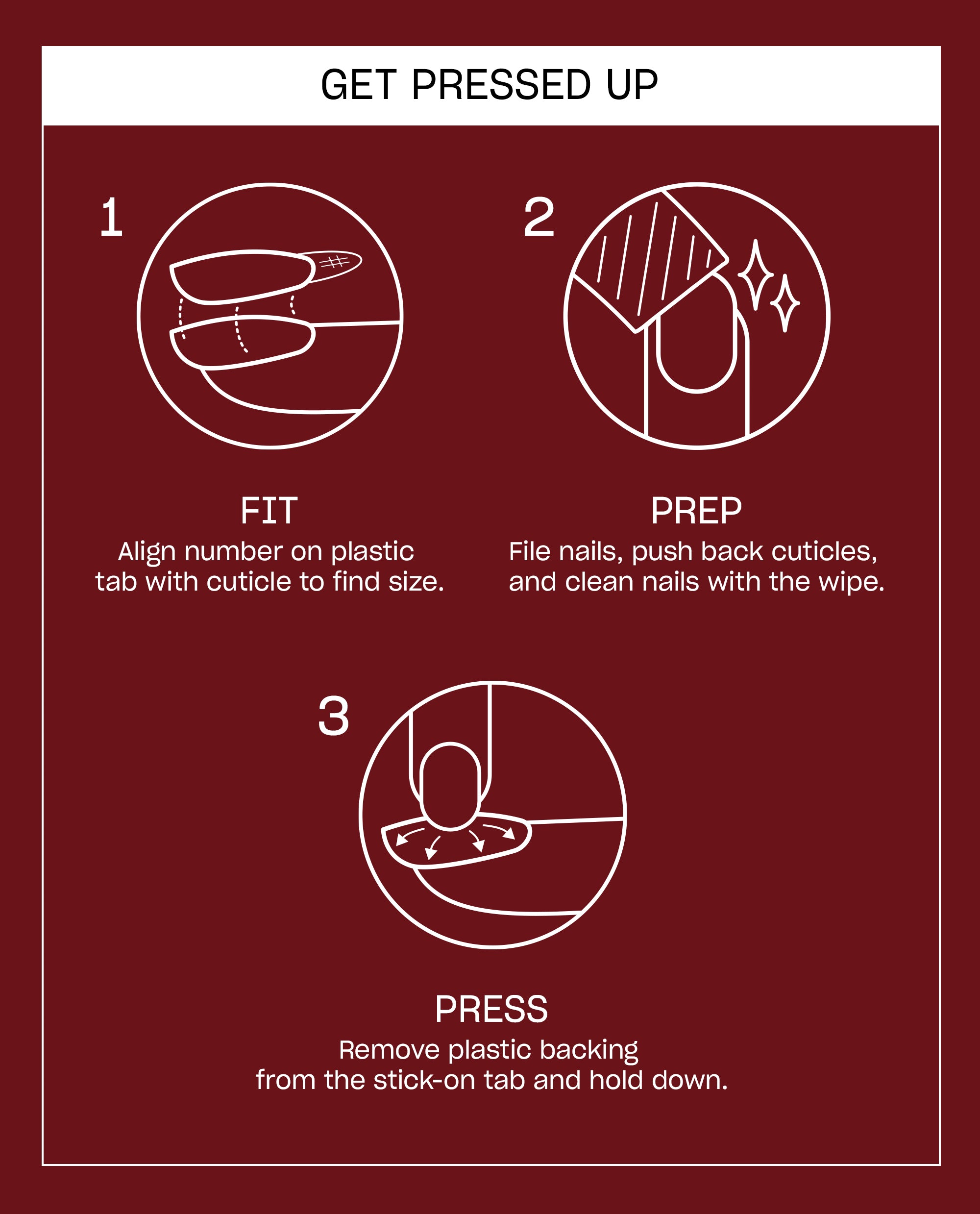 Plaid Behavior Sticking Point press-on nail instructions show three steps: fit tabs, prep nails, and press adhesive backing on a burgundy OPI fall nail colors guide.