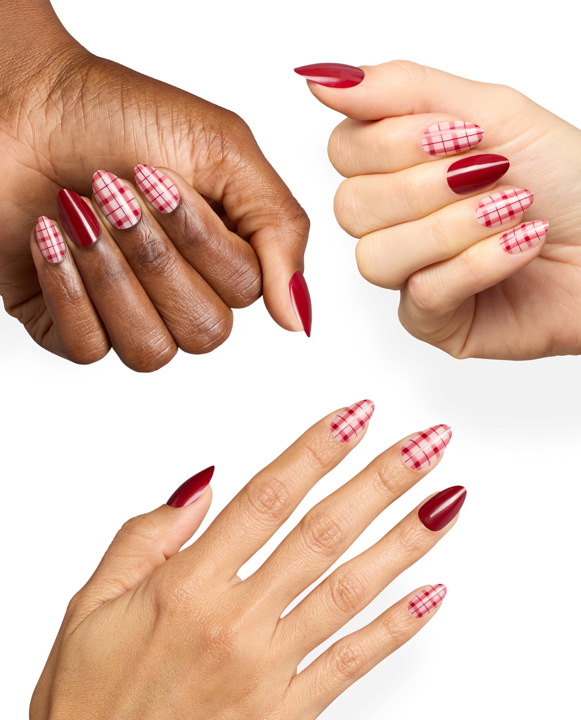 Hands display OPI Plaid Behavior Sticking Point manicure with glossy deep red almond nails and pink plaid accent nail art, showcasing fall nail colors on a clean white background.