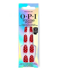 OPI Sticking Point Polka Dot Com press-on nails display red faux nails with white polka dots in an iridescent box, a playful option for fall nail colors.