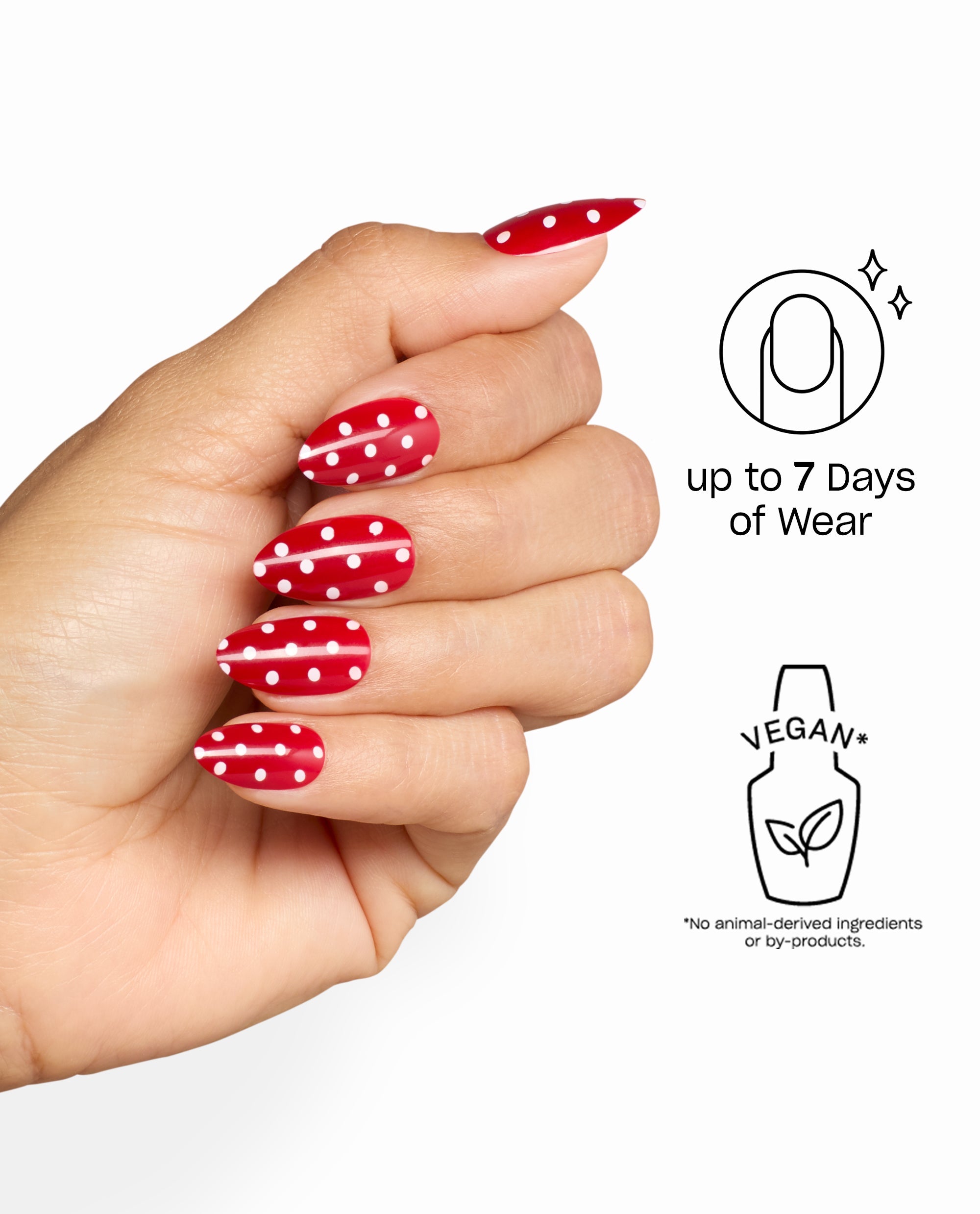OPI Polka Dot Com Sticking Point artificial nails show glossy red fall nail colors with white dots on a hand, highlighting up to 7 days of wear and vegan formula on a white background.