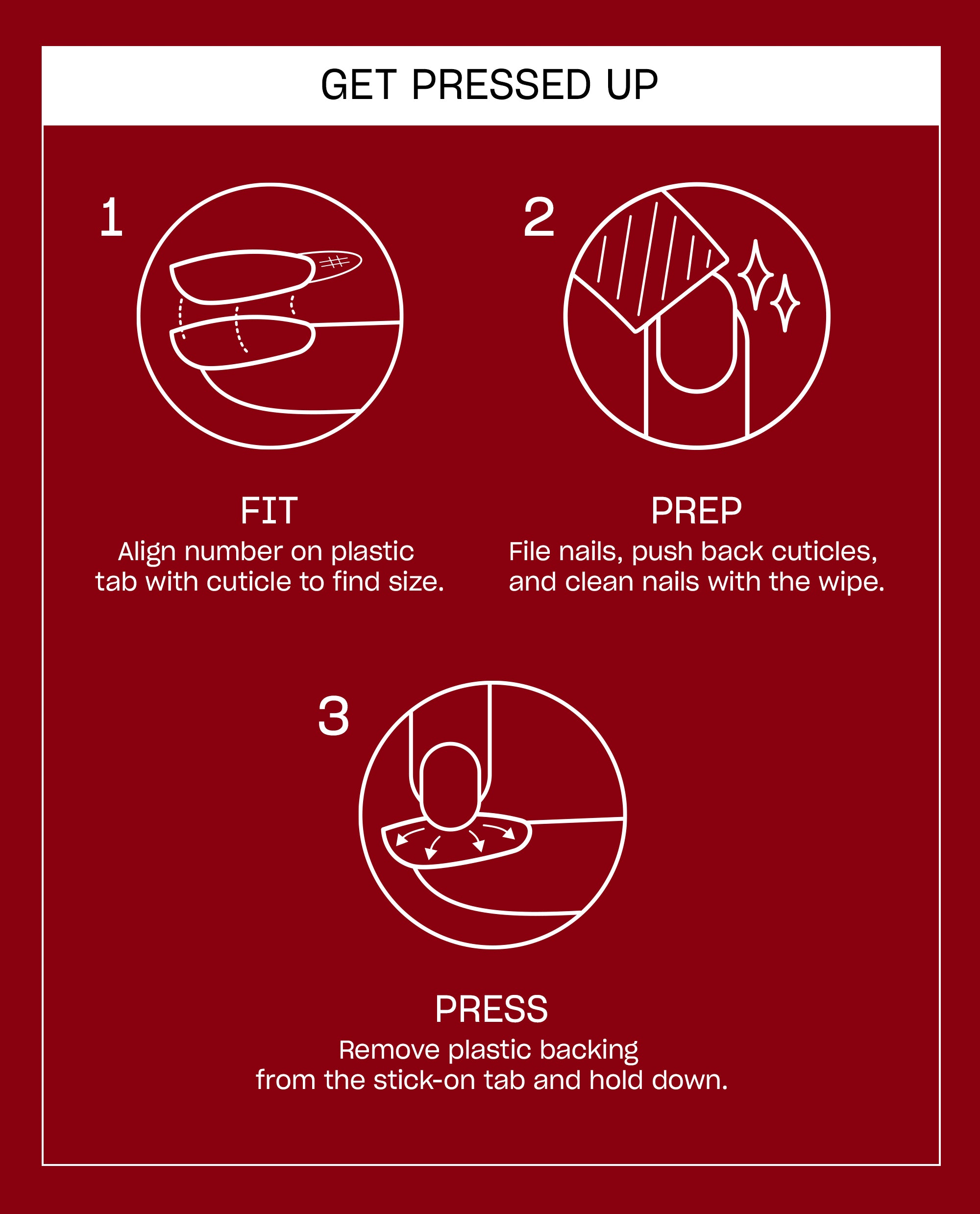 Polka Dot Com Sticking Point guide shows how to fit, prep, and press OPI artificial nails with adhesive tabs, illustrated in white on a deep red fall nail colors instruction card.