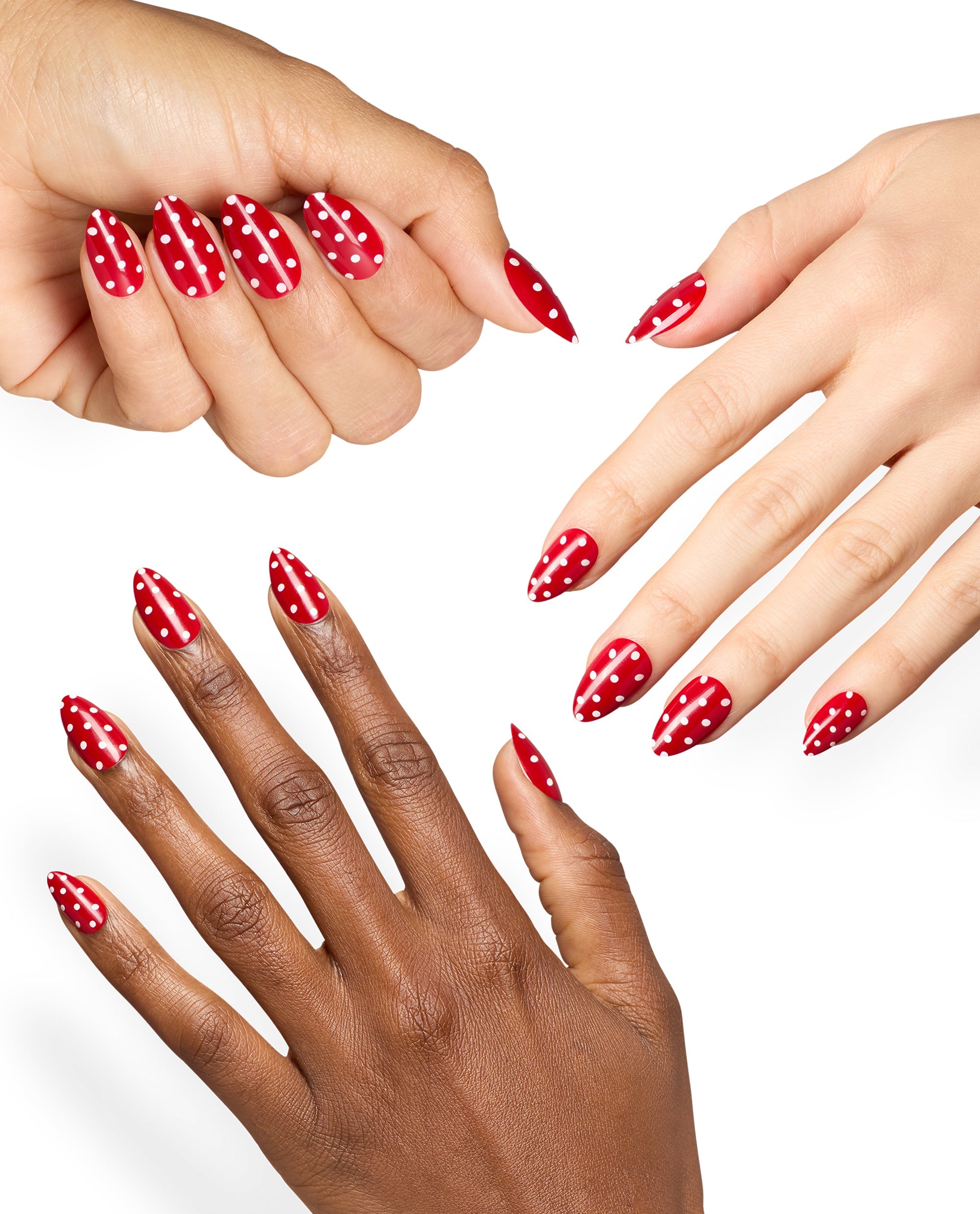 Hands model OPI Polka Dot Com Sticking Point manicure with glossy red almond nails, white polka dots, and slim stripe accents, showcasing playful fall nail colors on a clean white background.
