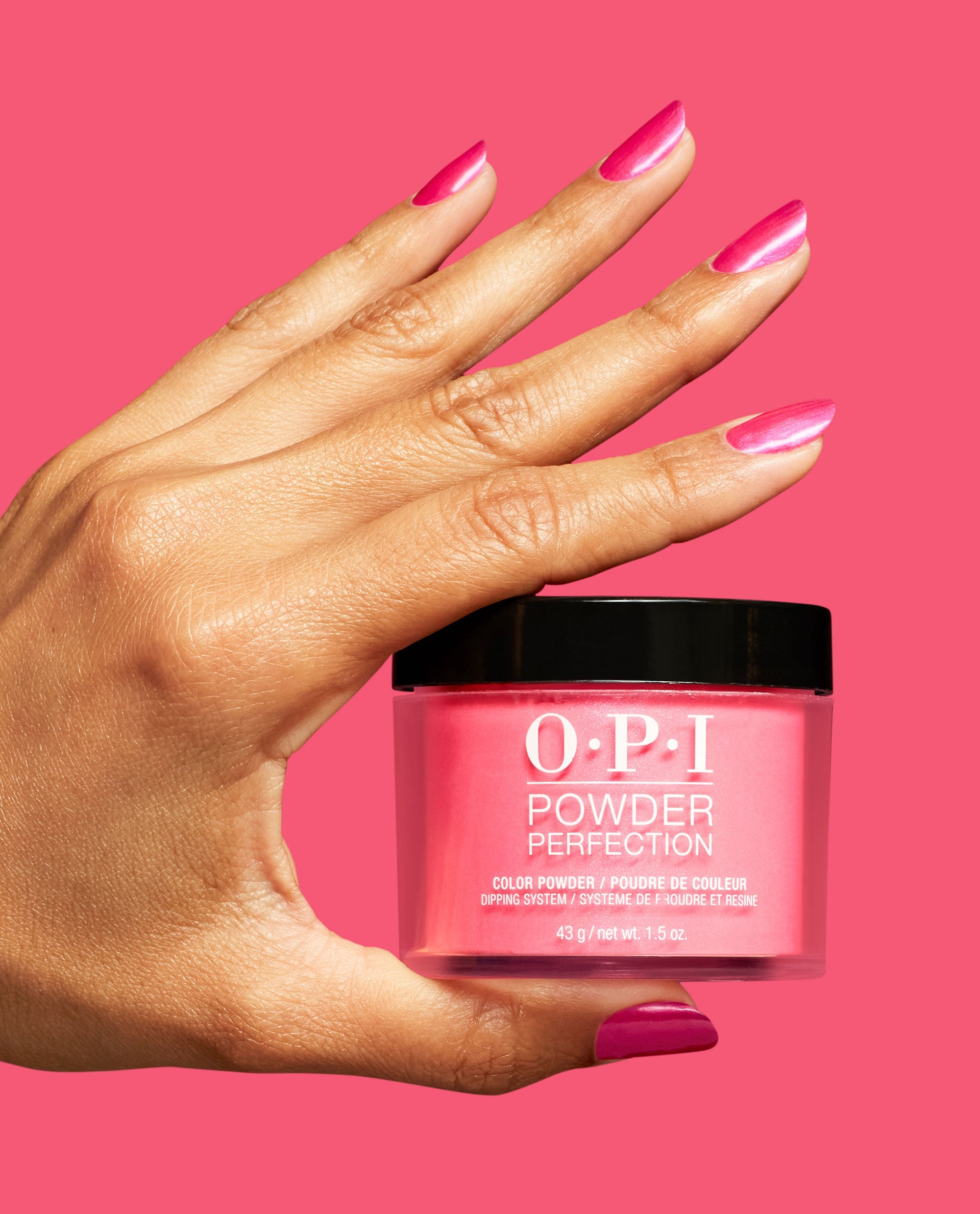 Pompeii Pink Hot Pink Shimmer Nail Dip Powder Hand and Product