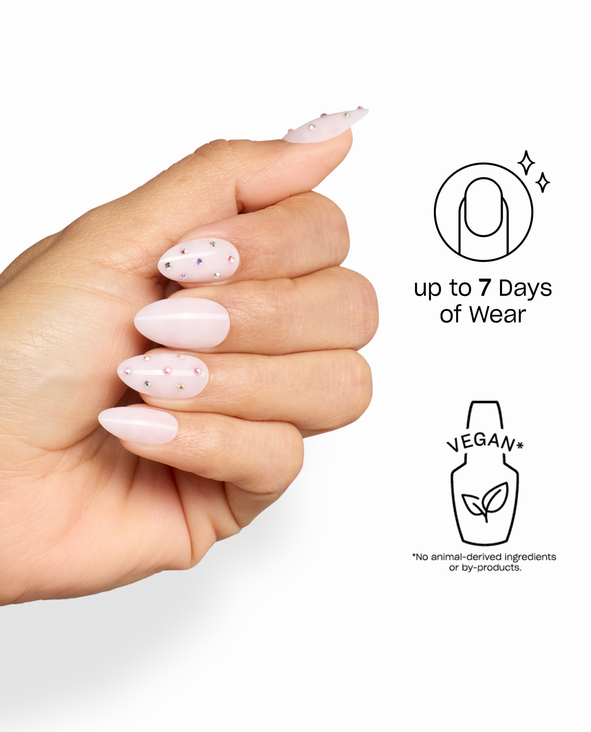 Princess Treatment Sticking Point pale pink almond artificial nails with iridescent rhinestones displayed on a hand, showing vegan OPI fall nail colors style and up to 7 days of wear.