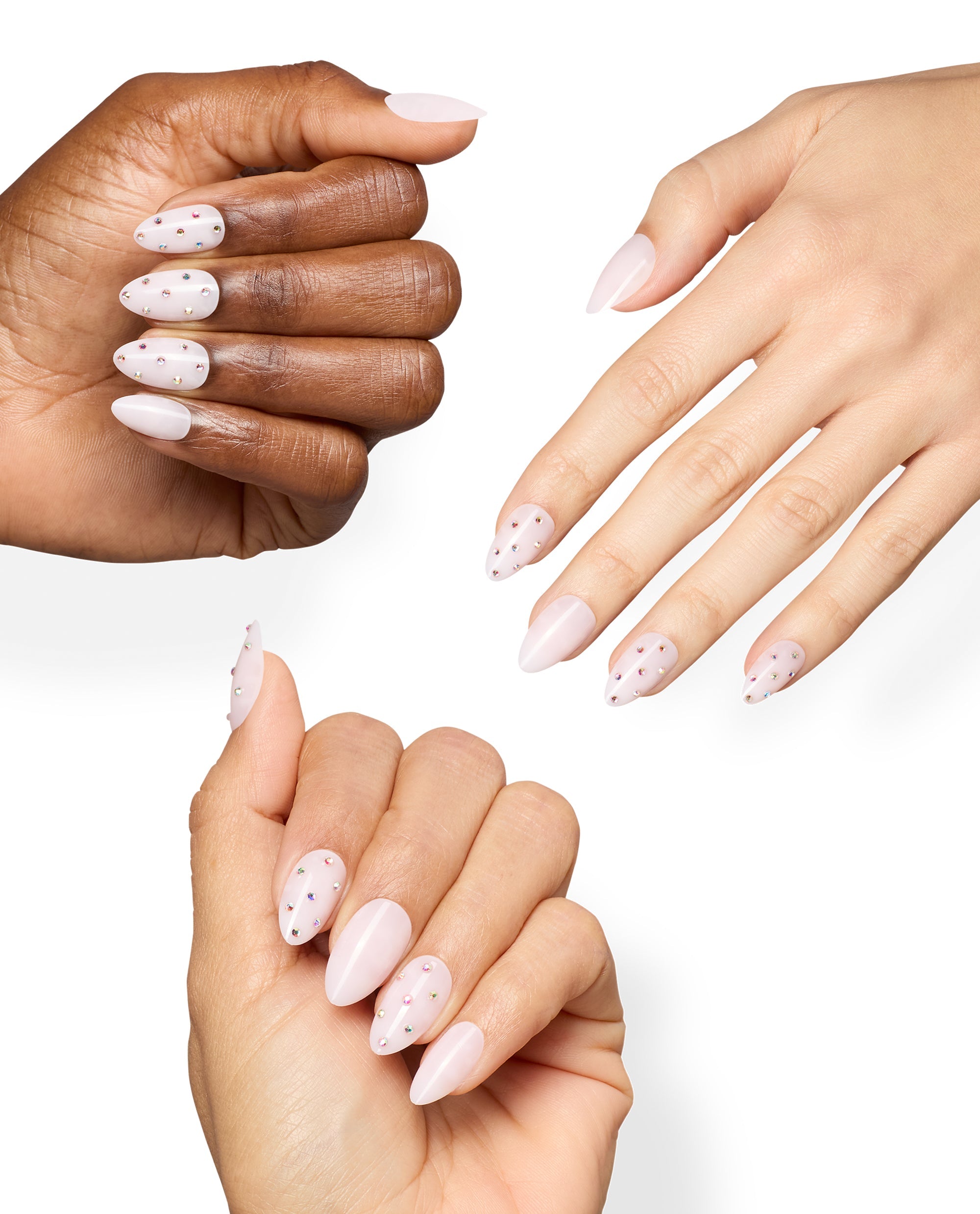 OPI Princess Treatment Sticking Point accents decorate pale pink almond manicures with tiny multicolor rhinestones on diverse hands against a white background, a soft choice for fall nail colors.