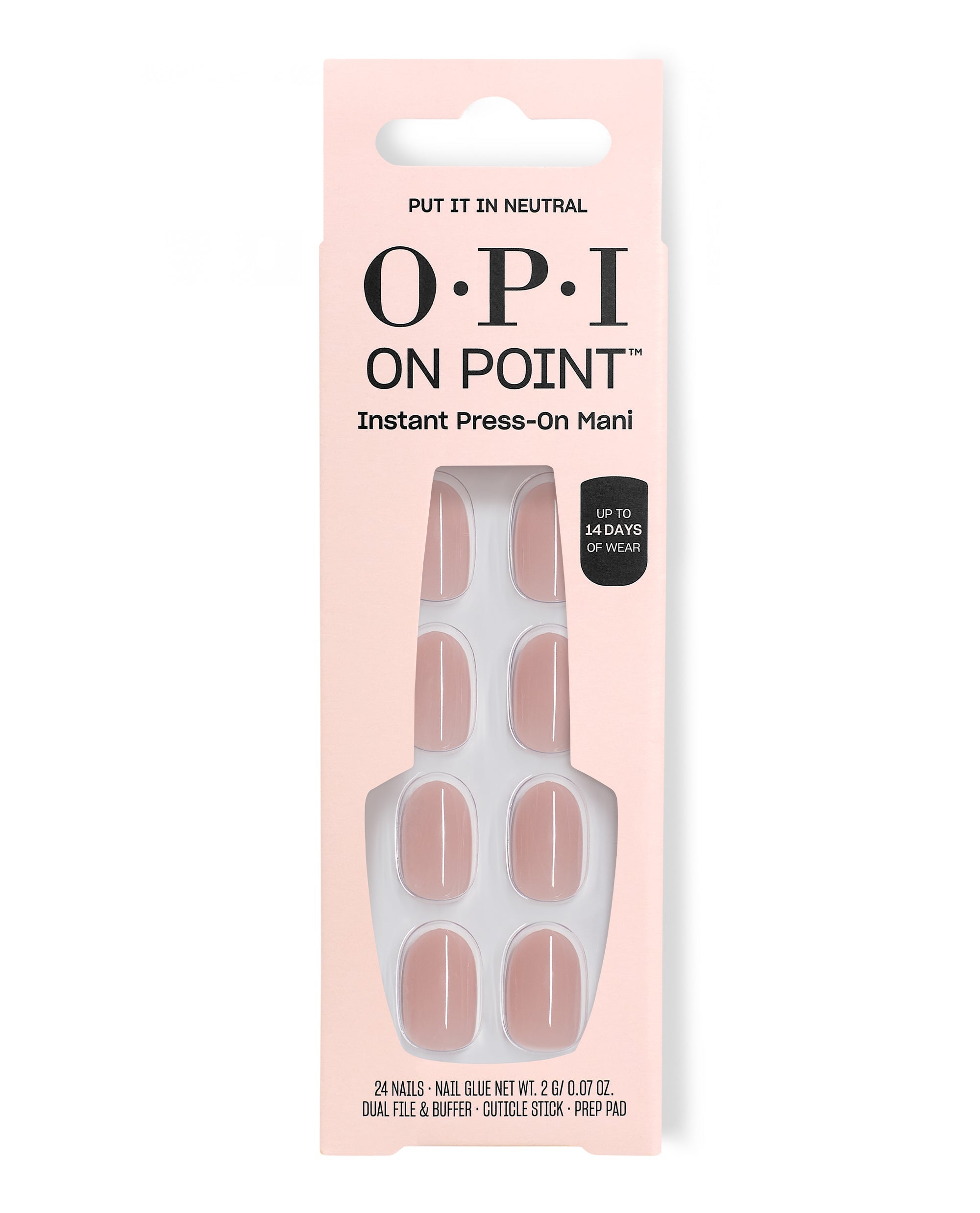 OPI On Point Put it in Neutral instant press-on mani box showing soft nude artificial nails arranged in a clear tray inside pale pink packaging, marketed as a long-wear OPI nail polish gift set for salon-quality manicures at home.