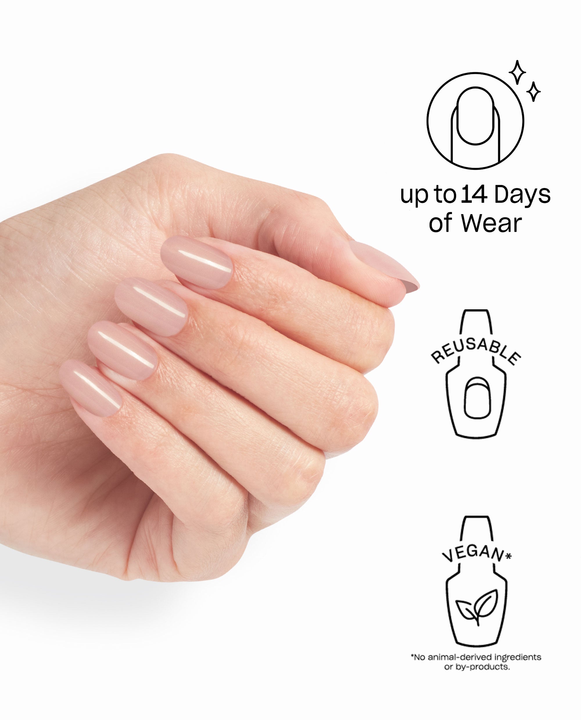 Hand showing glossy neutral pink press-on nails from Put it in Neutral On Point beside icons listing benefits: up to 14 days of wear, reusable, and vegan, promoting an OPI nail polish gift set alternative for salon-quality manicures at home.