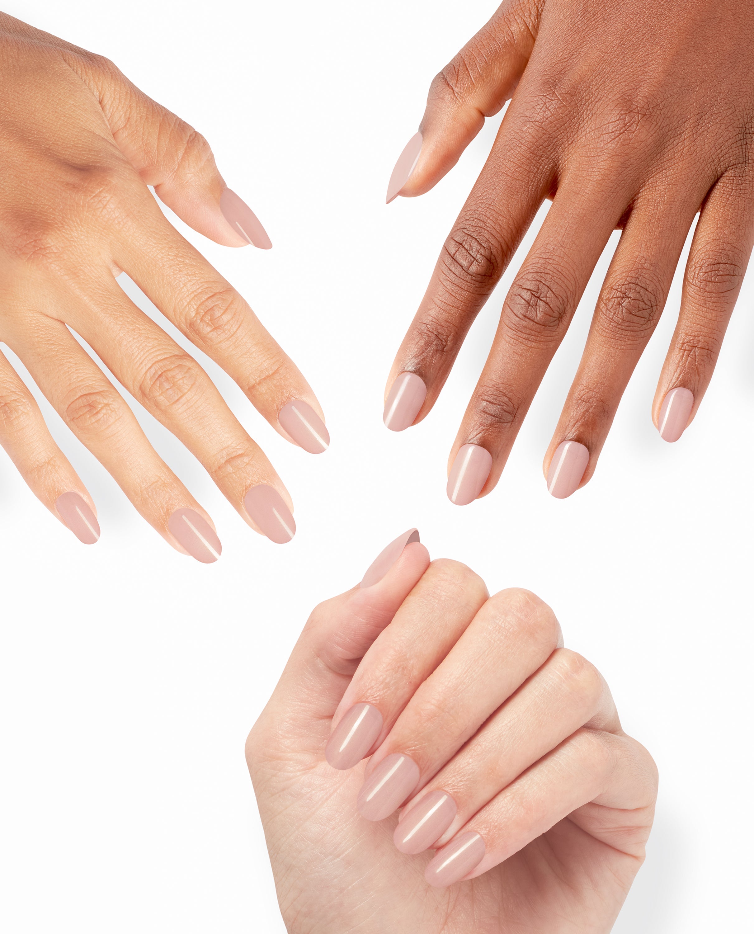 Three hands with neatly manicured nails showcase OPI Put it in Neutral, a soft beige-pink shade from the On Point nail polish gift set, against a clean white background highlighting its glossy neutral finish on different skin tones.