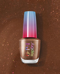 OPI RapiDry Awe of a Sudden bronze shimmer nail polish bottle with a blue-to-pink cap, displayed on a sparkling brown backdrop for fall nail colors.