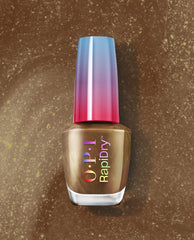 OPI Fast Foodie RapiDry nail polish bottle shows a shimmery warm bronze-brown shade with a blue-to-pink cap on a gold-flecked brown background, ideal for fall nail colors.