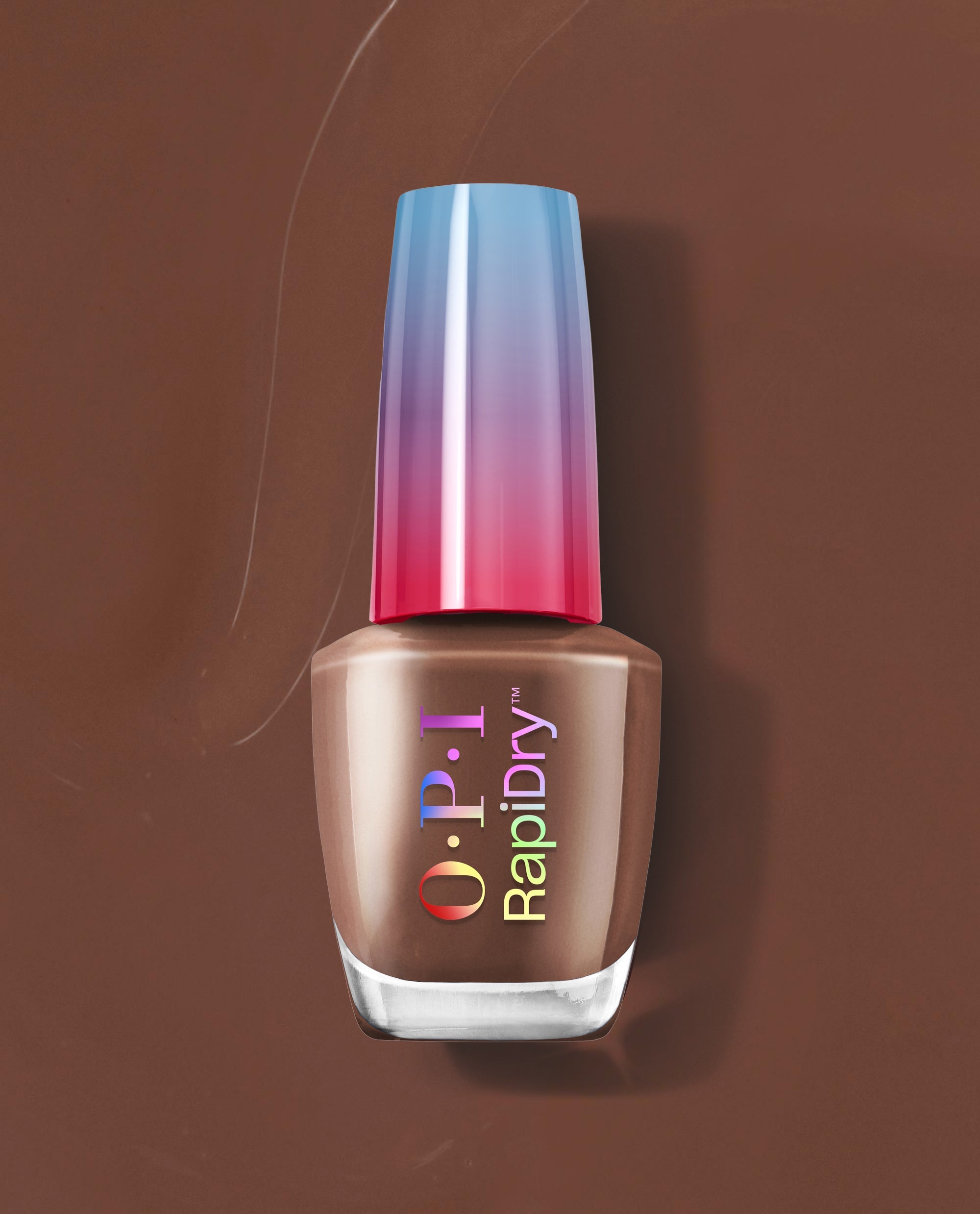 OPI RapiDry Impromptu You nail polish bottle shows a warm shimmery brown fall nail color with a blue-to-pink gradient cap on a rich brown background.
