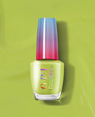 OPI RapiDry™ Screen-Grab Green bottle stands upright, showing a glossy chartreuse green nail polish with a gradient blue-to-pink cap, set on a matching lime backdrop—fast-dry shade ideal for spring nail colors from OPI.