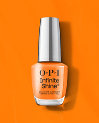 OPI nail polish Rollerbabe Infinite Shine bottle standing upright, showcasing its vibrant glossy orange gel-like lacquer against a matching bright orange background for a bold summer manicure look.