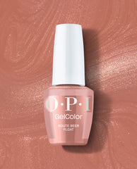 OPI GelColor Route Beer Float gel nail polish bottle in a shimmering warm rose-brown shade, displayed on a matching glossy swatch for fall nail colors.