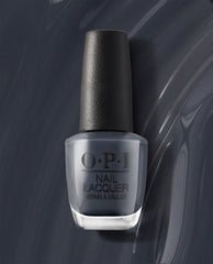 OPI nail polish bottle of Rub-a-Pub-Pub nail lacquer standing upright, showing a deep smoky gray shade with a black textured cap, set against a glossy swirled gray background highlighting the cool-toned color.