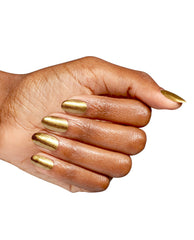 Hand with medium brown skin tone showing neatly manicured nails painted in SaTURN Me On metallic gold OPI nail polish nail lacquer against a clean white background, highlighting the rich shimmer and smooth, glossy finish.
