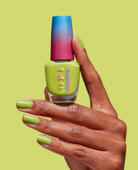 OPI RapiDry™ Screen-Grab Green bottle pinched between manicured fingers, nails coated in glossy lime green, against a matching backdrop; quick-dry green nail polish with a pink-to-blue gradient cap—fresh for spring nail colors by OPI.