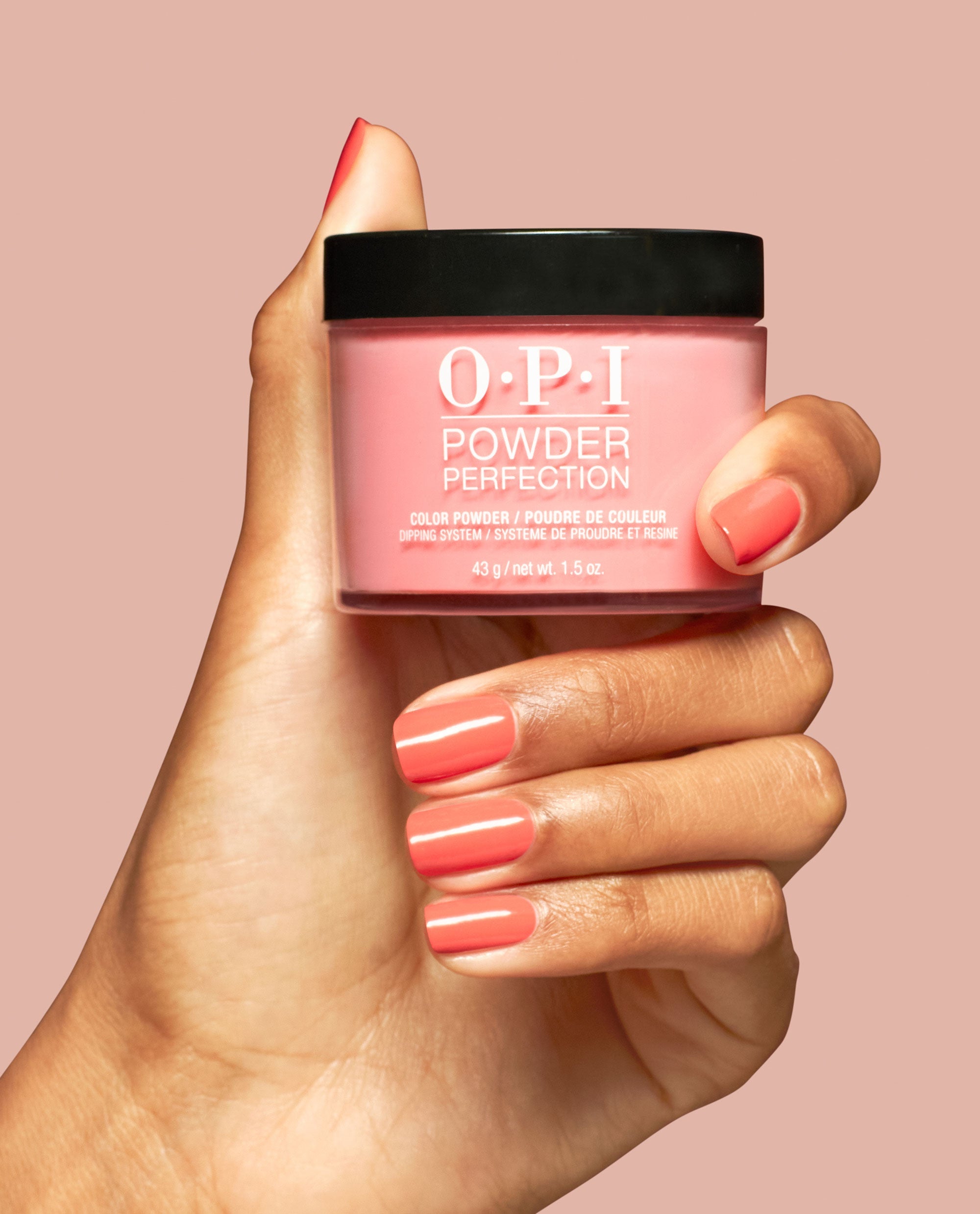 Shrimp Cocktail Bright Orange Nail Dip Powder Hand and Product