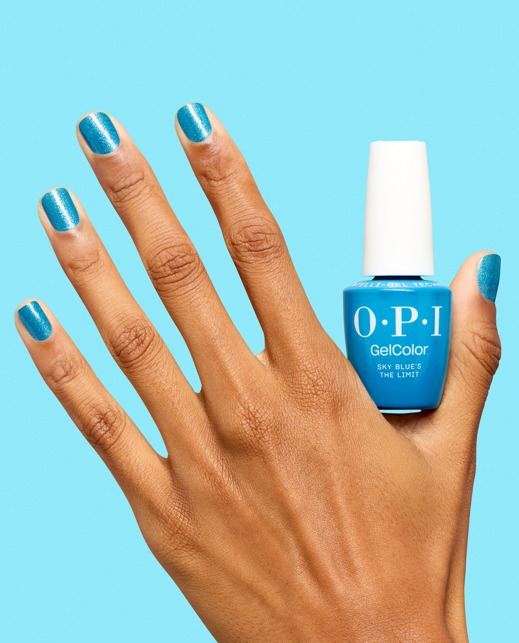 Sky Blue's the Limit Turquoise Shimmer Gel Nail Polish Hand and Product
