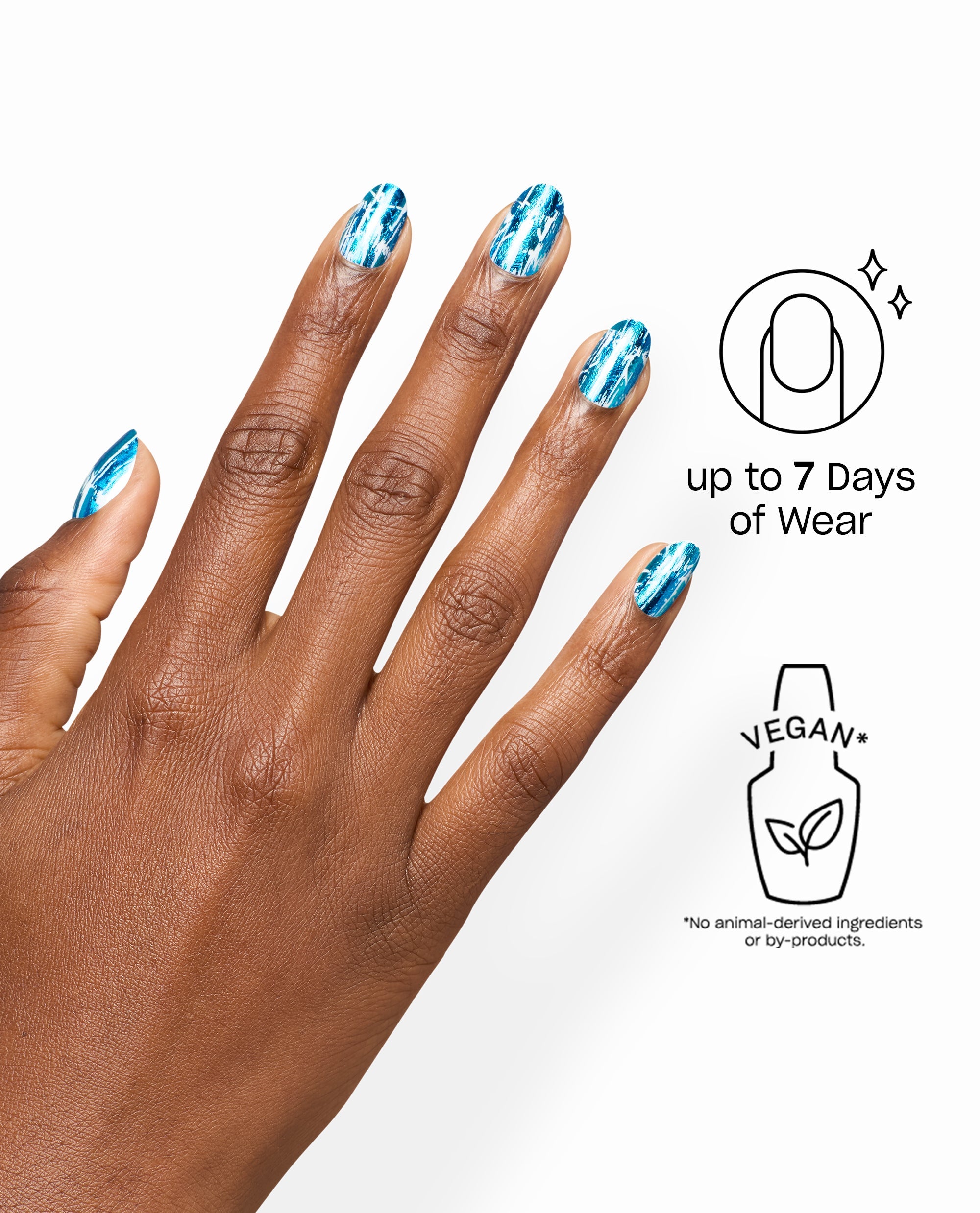 Hand modeling OPI Snap, Crackle, Gloss Sticking Point artificial nails in glossy blue-and-white crackle nail art, with callouts for up to 7 days of wear and vegan formula, a bold pick for fall nail colors.