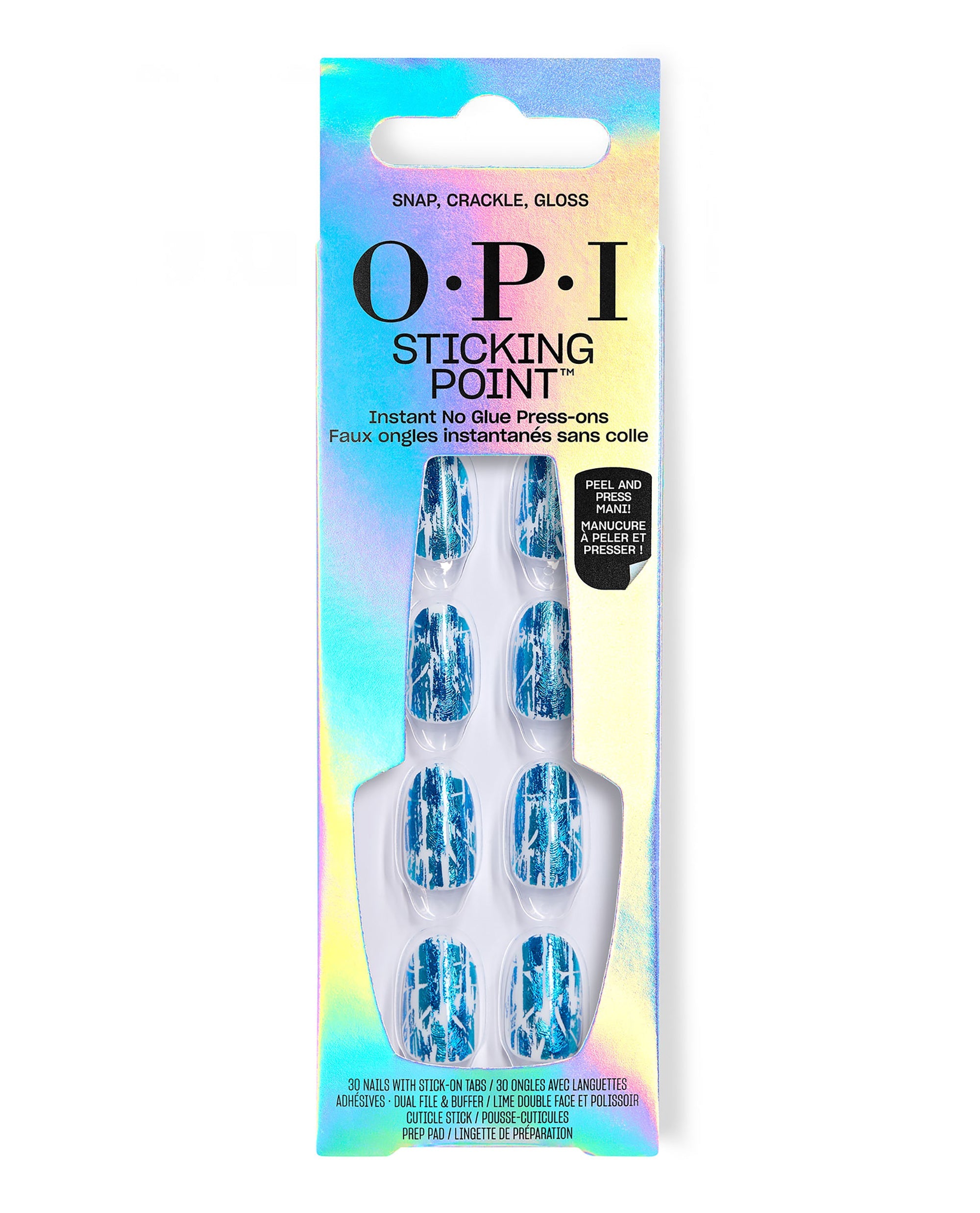 OPI Sticking Point Snap, Crackle, Gloss press-on nails displayed in an iridescent box, featuring blue and white crackle designs for bold fall nail colors.
