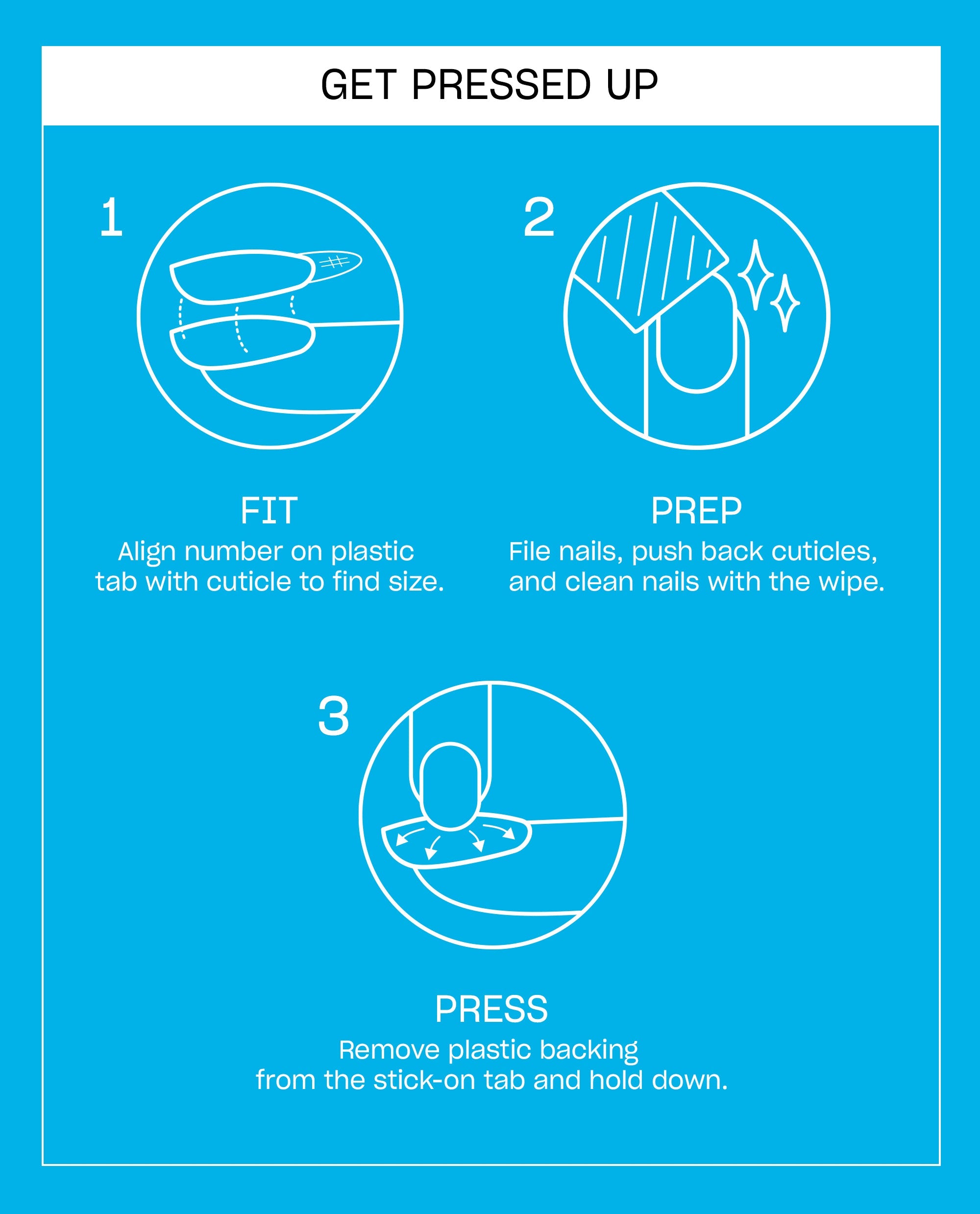 Snap, Crackle, Gloss Sticking Point press-on nail instructions show how to fit, prep, and press adhesive tabs for OPI fall nail colors on a turquoise guide.