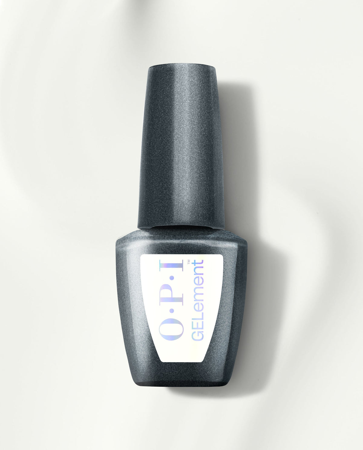 Snow AnGEL at-home gel nail polish bottle from OPI GELElement standing upright, featuring a shimmery dark gray finish and iridescent logo on a clean off-white background, ideal for a modern nail polish gift set.
