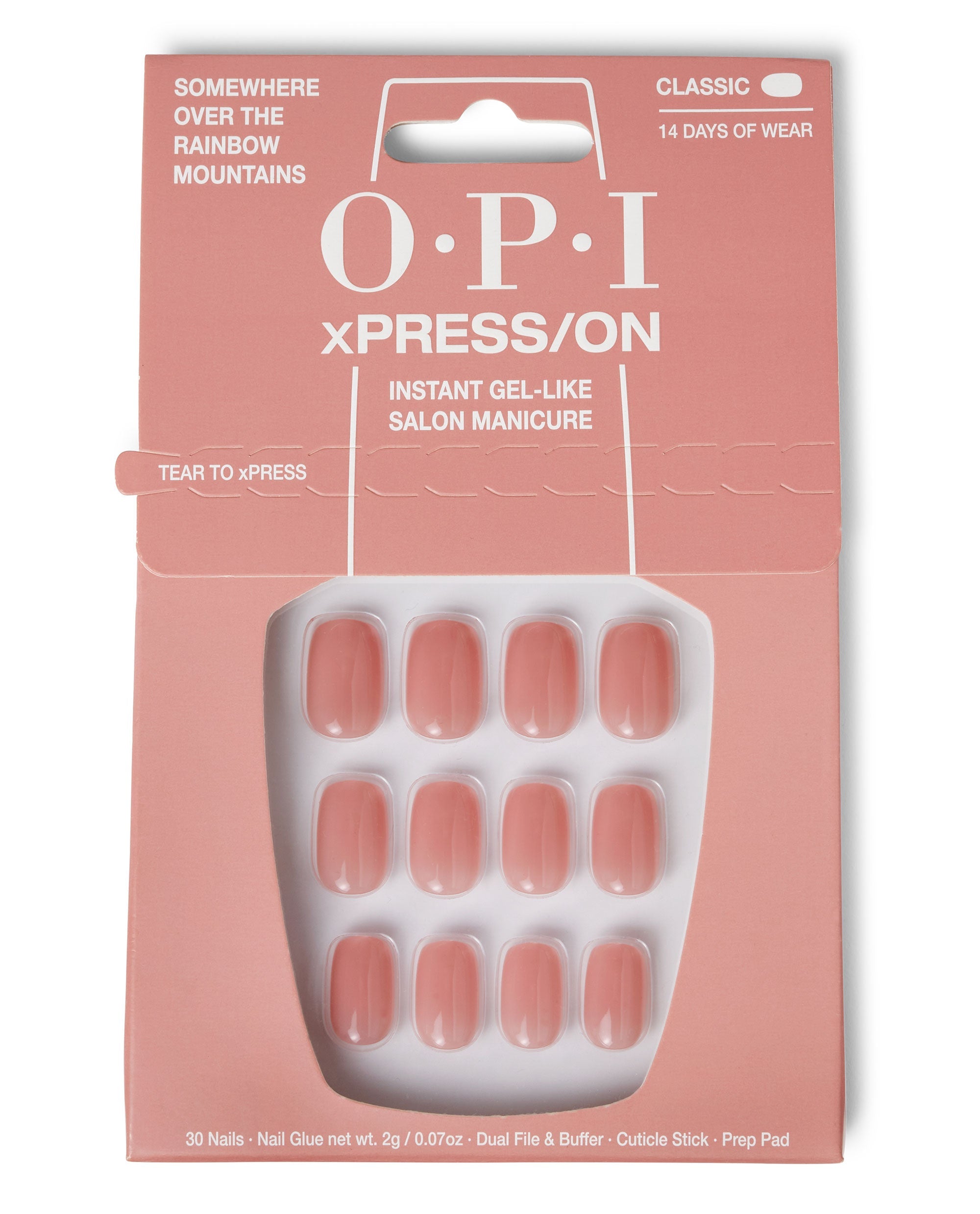 OPI Somewhere Over the Rainbow Mountains xPRESS/ON Iconic Shades (Short) press-on nails arranged in a clear tray inside peach pink packaging, showcasing soft rosy nude fake nails as an easy OPI nail polish gift set for instant gel-like salon manicure