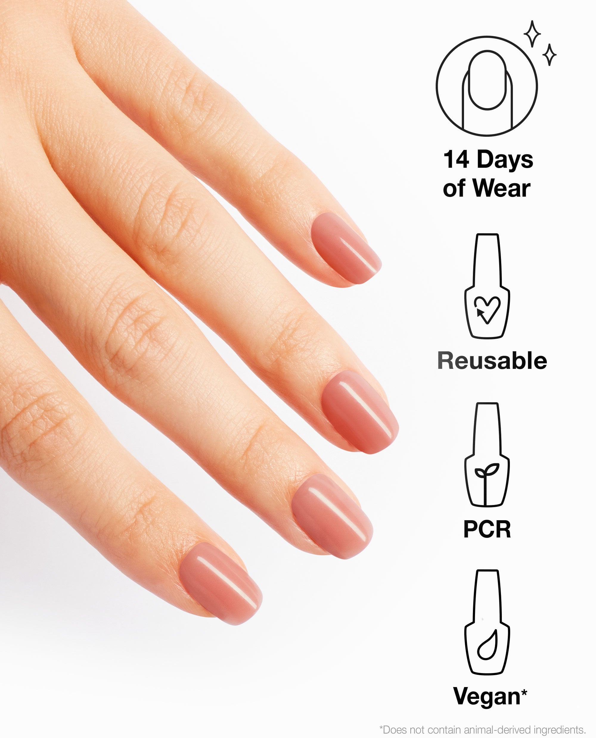 Hand wearing OPI Somewhere Over the Rainbow Mountains xPRESS/ON Iconic Shades (Short) nails in a soft rosy nude, shown on a white background beside icons highlighting 14 days of wear, reusable press-ons, PCR materials, and vegan nail polish gift set benefits.