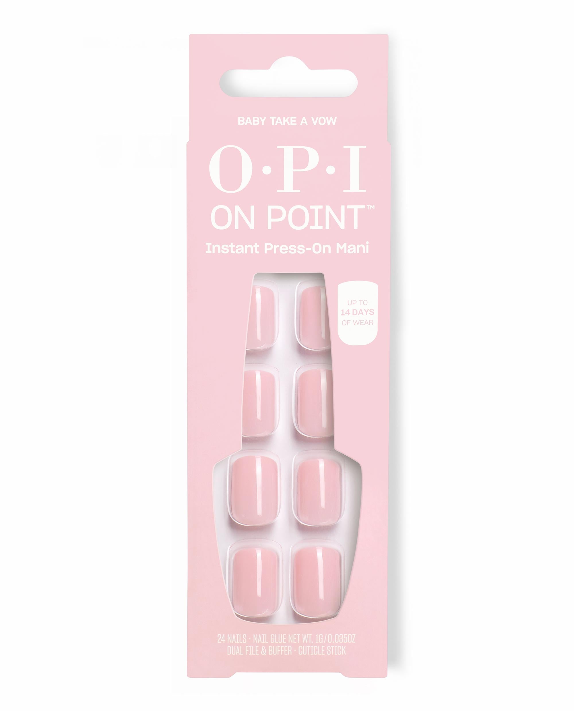 OPI Baby, Take a Vow On Point Instant Press-On Mani nail polish gift set showing 24 soft pink glossy press-on nails in a pastel pink box with white branding, promising up to 14 days of wear and including nail glue, file, buffer, and cuticle stick.