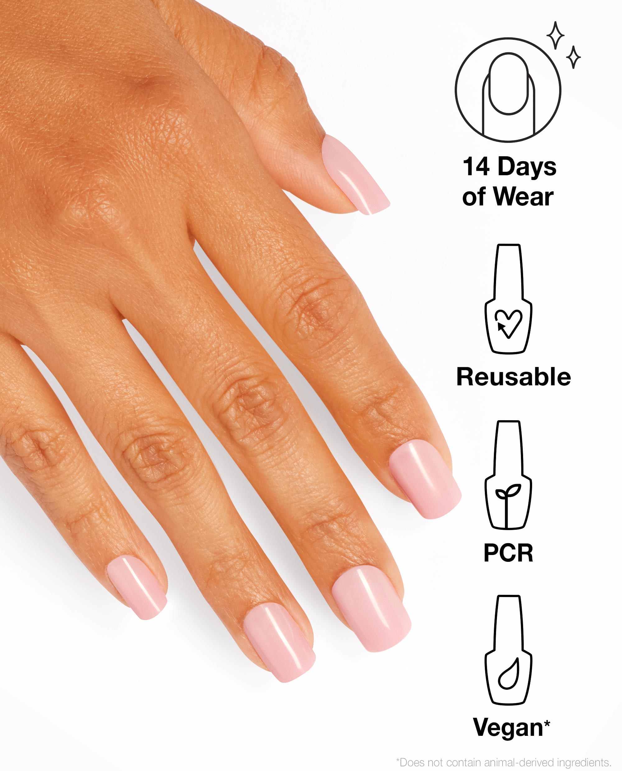 Hand wearing Baby, Take a Vow On Point soft pink nails, showcasing glossy square tips beside icons highlighting 14 days of wear, reusable design, PCR materials, and vegan formula, promoting OPI nail polish gift set benefits for US shoppers.