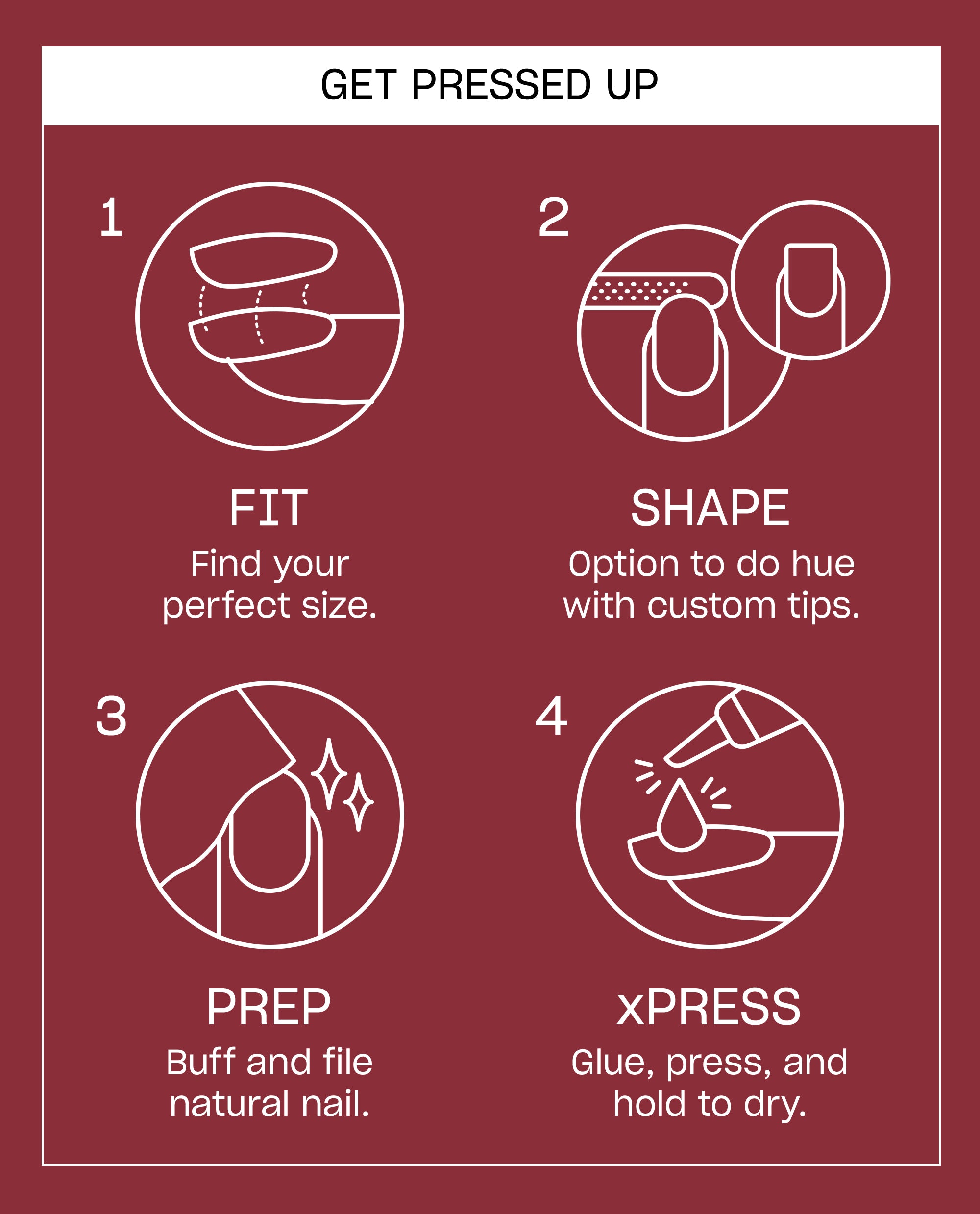Como se Llama? OPI On Point press-on nail instruction card shows fit, shape, prep, and xPress glue steps in white line art on a burgundy fall nail colors background.